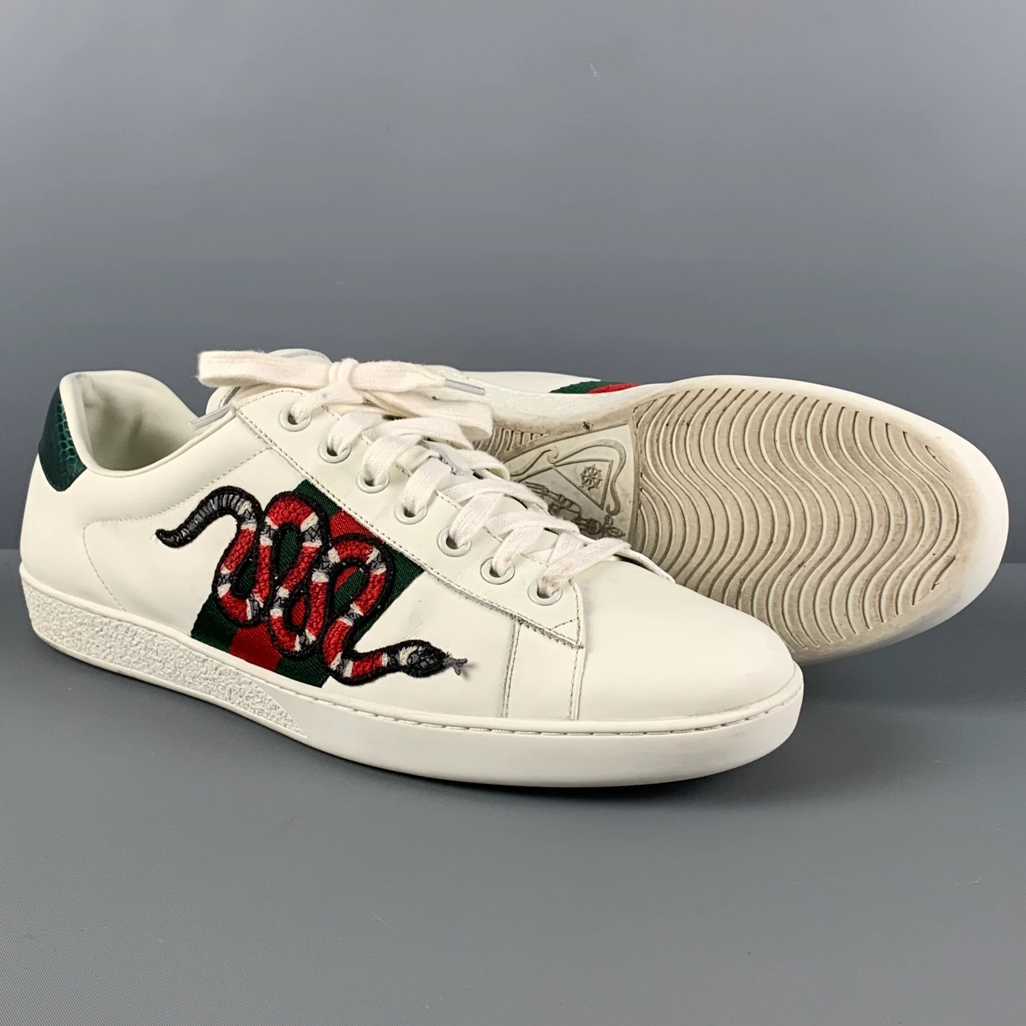 GUCCI Size 12 White Applique Leather Lace Up Ace Sneakers - Image 3