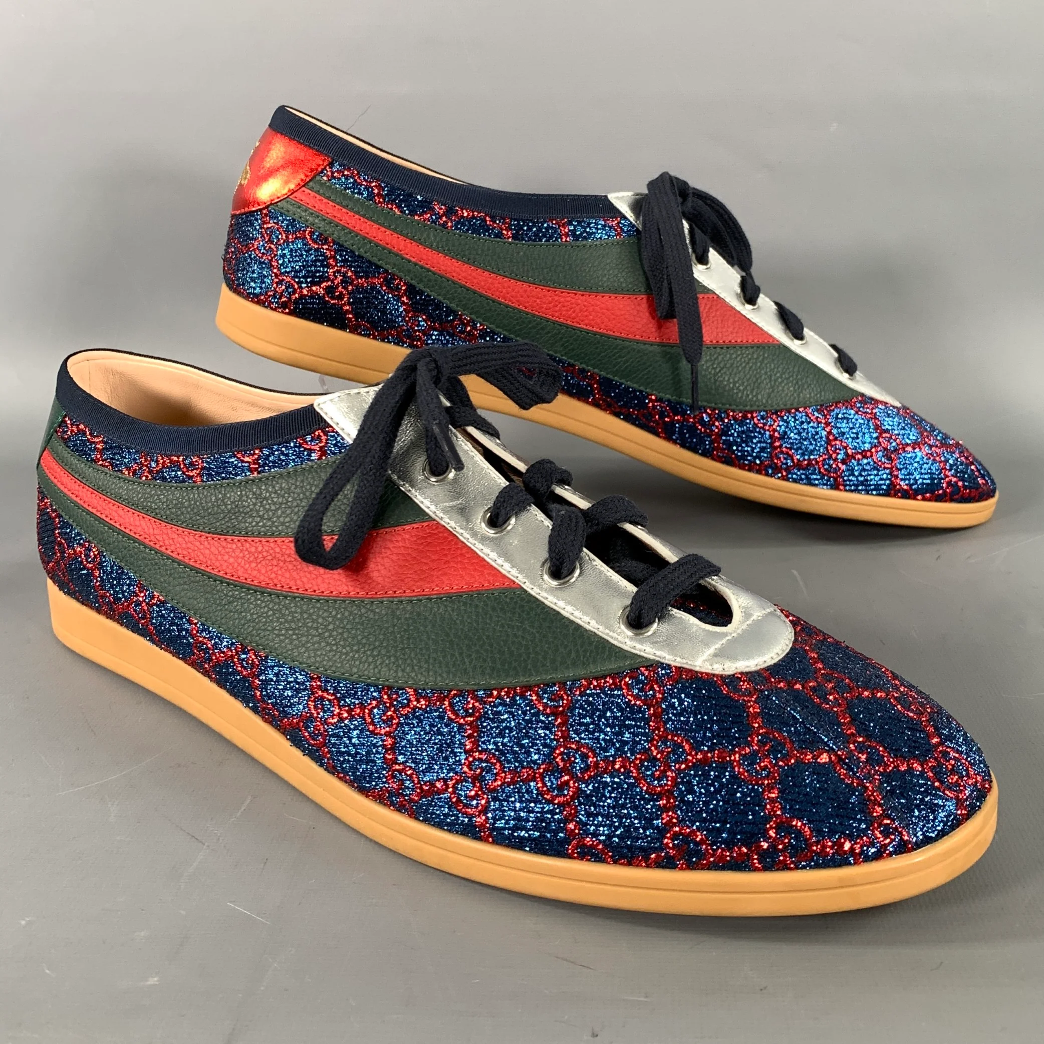 GUCCI Size 14 Blue Red A92738 14 -03H Monogram Lurex Low Top Sneakers