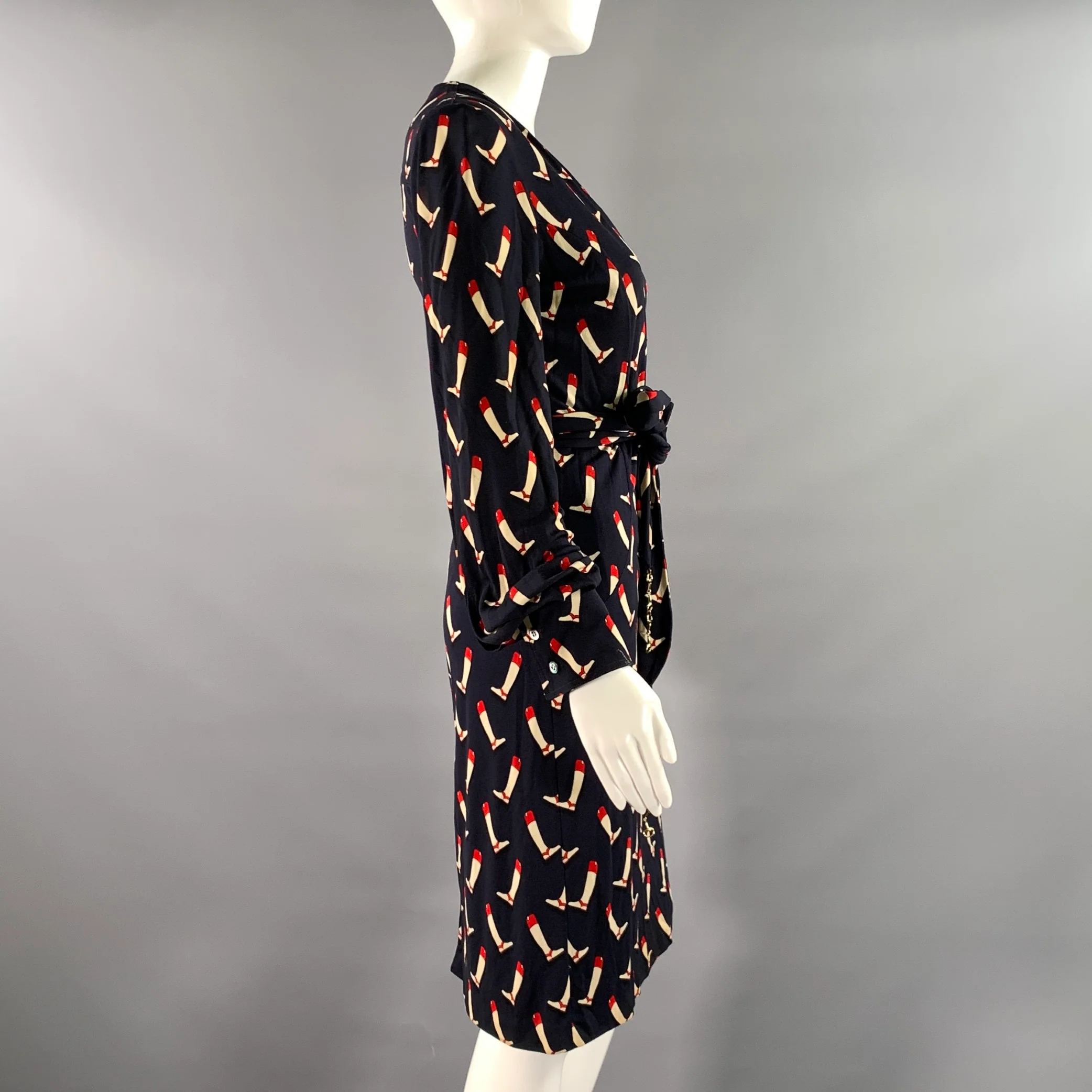 GUCCI Size 2 Navy Red Silk Riding Boots Wrap Knee-Length Dress - Image 4