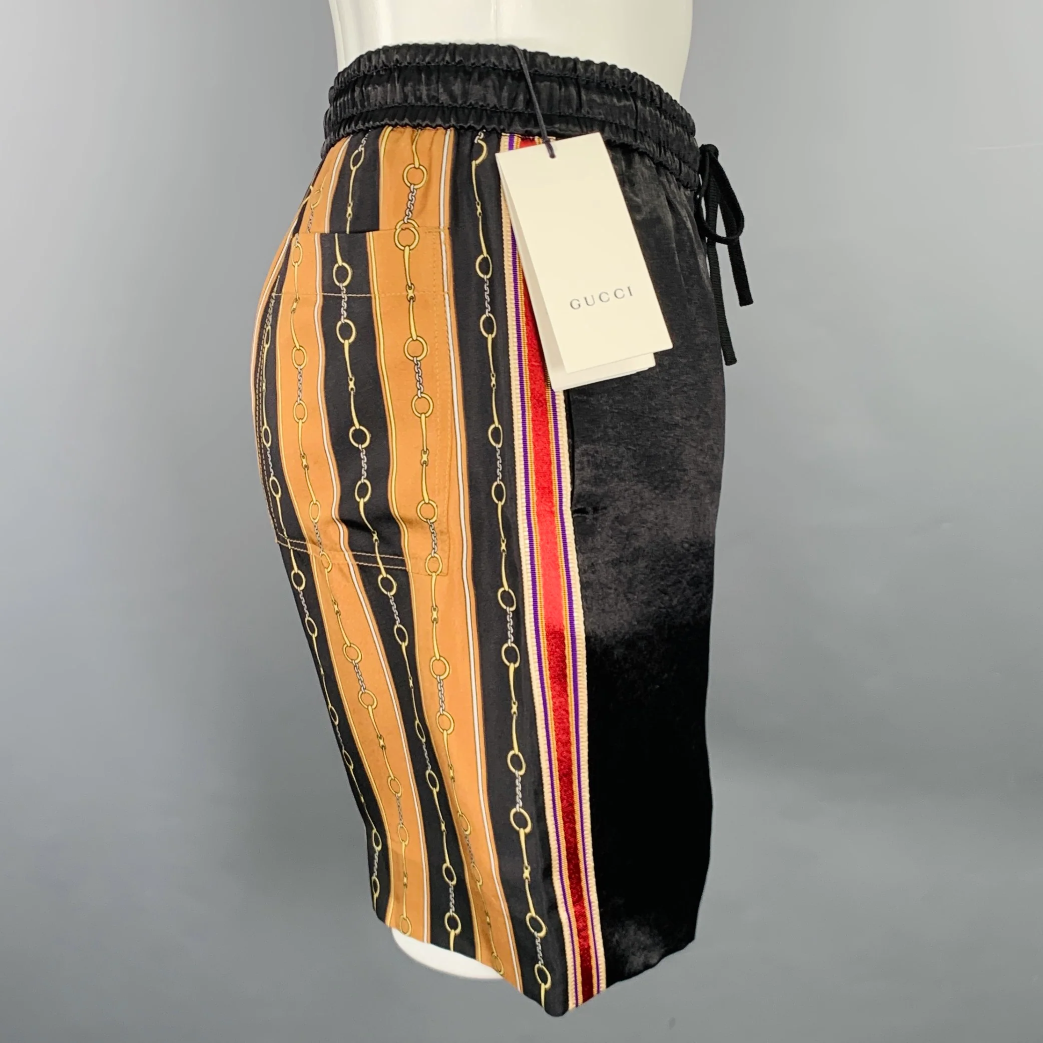 GUCCI Size 28 Gold Black Stripe Acetate Joggers Shorts - Image 2