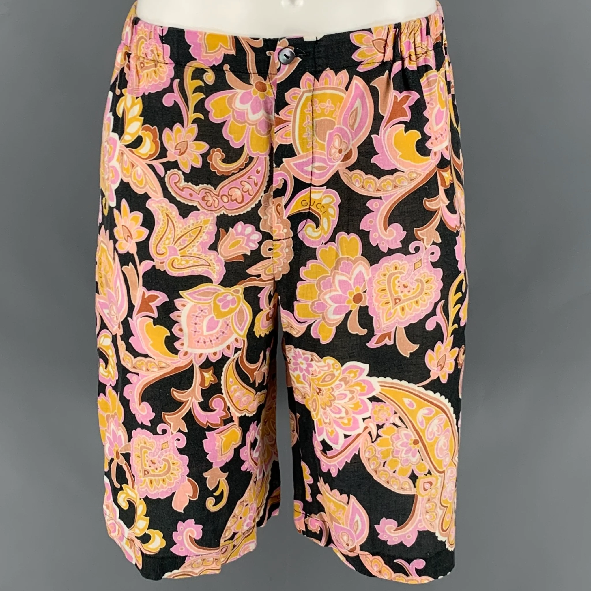 GUCCI Size 32 Purple Yellow Floral Cotton Flat Front Shorts