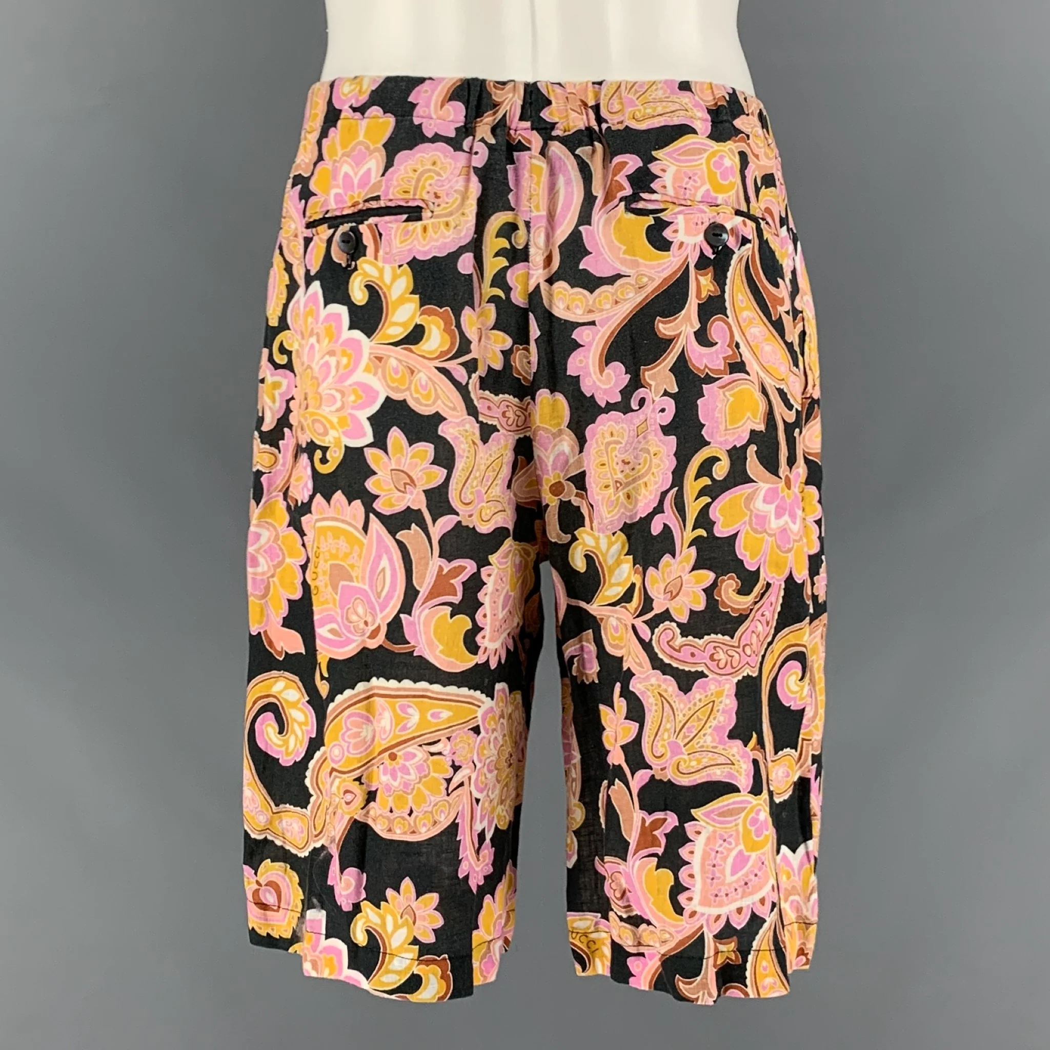 GUCCI Size 32 Purple Yellow Floral Cotton Flat Front Shorts - Image 4
