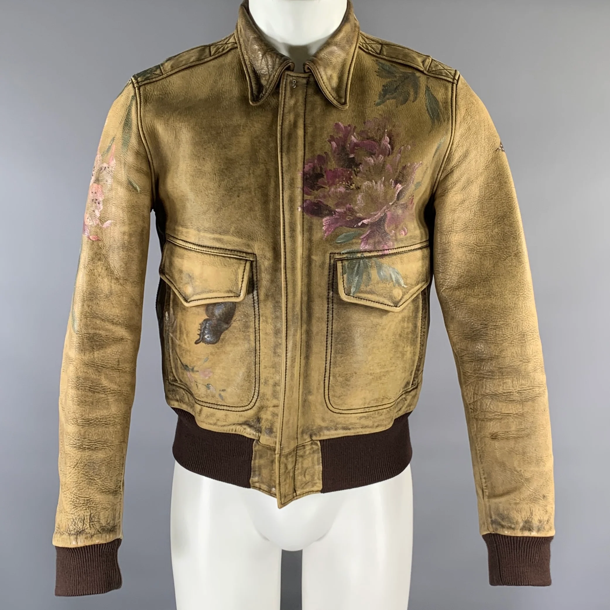 GUCCI by Tom Ford 2003 Size 36 Tan Olive Multi-Color Hand Painted Leather Zip Up Jacket