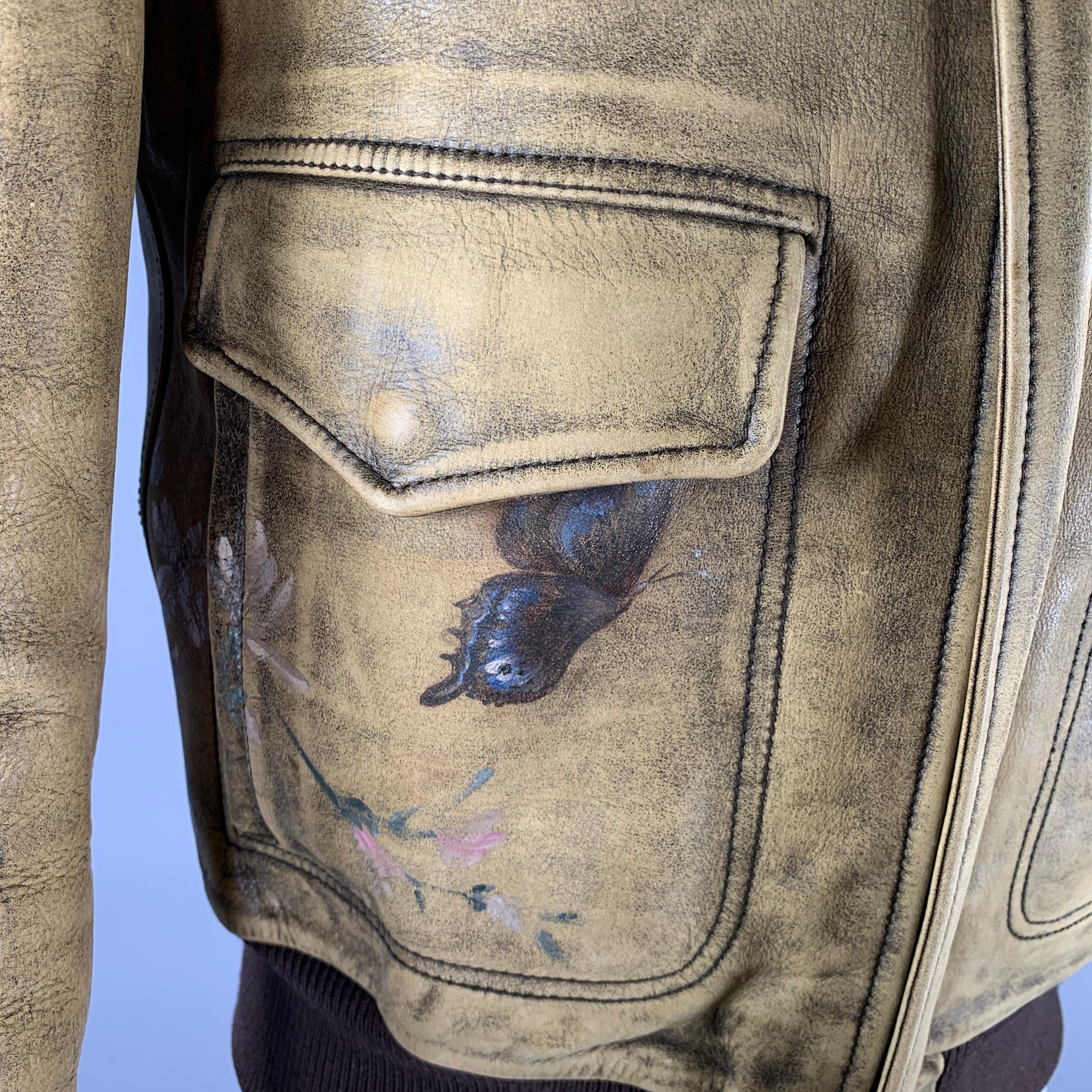 GUCCI by Tom Ford 2003 Size 36 Tan Olive Multi-Color Hand Painted Leather Zip Up Jacket - Image 4