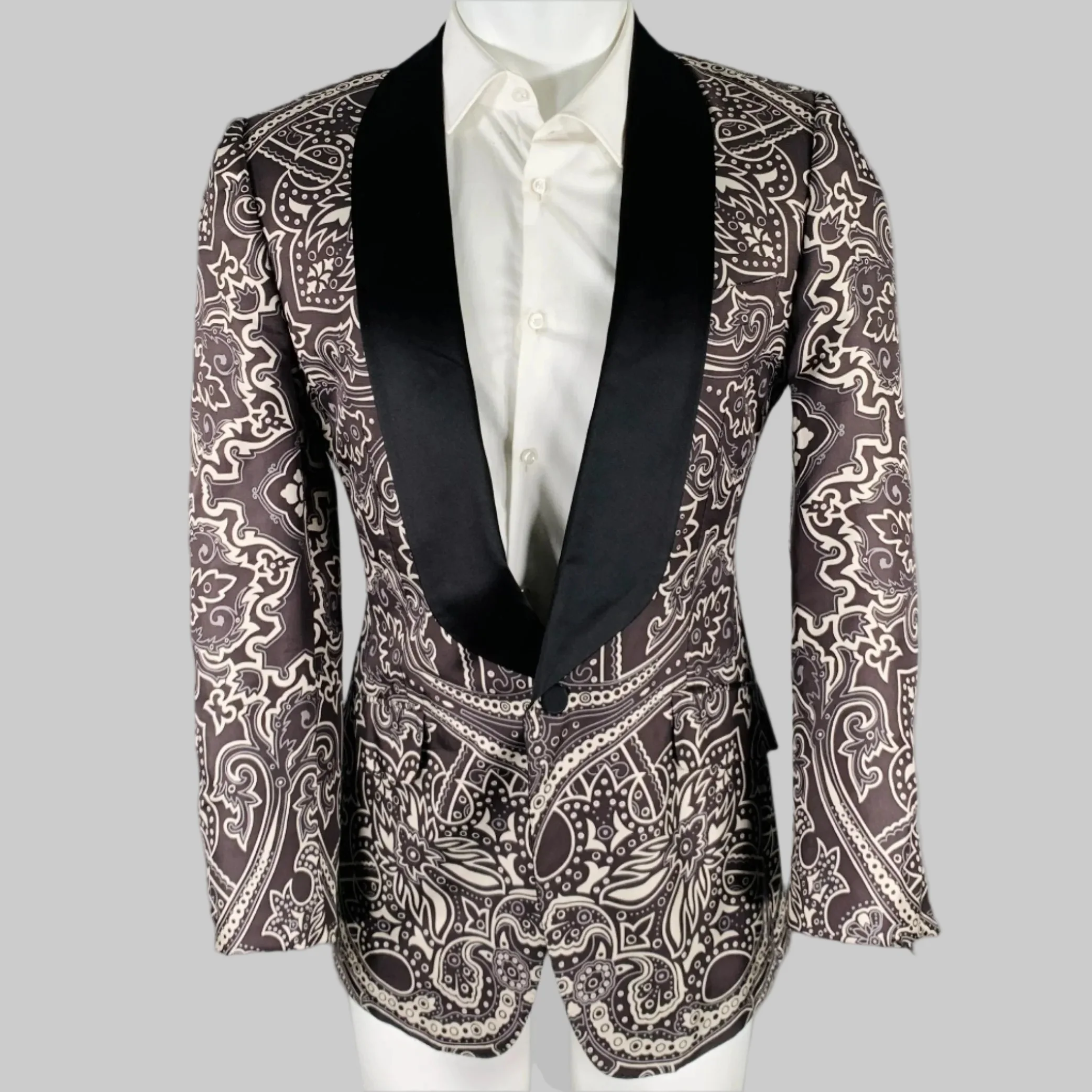 GUCCI Size 38 Black Grey Graphic Silk Tuxedo Sport Coat