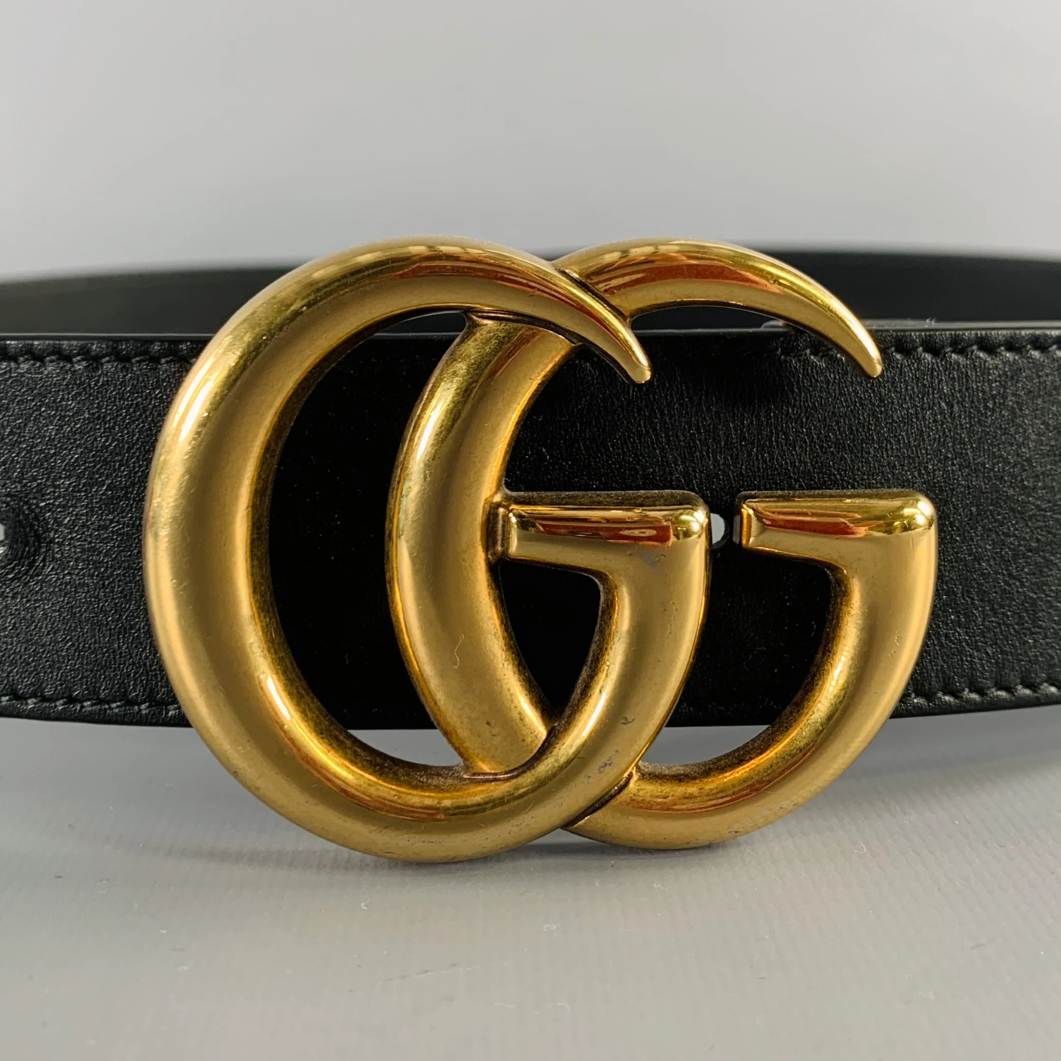 GUCCI Size 38 GG Marmont Black Gold Leather Belt - Image 2