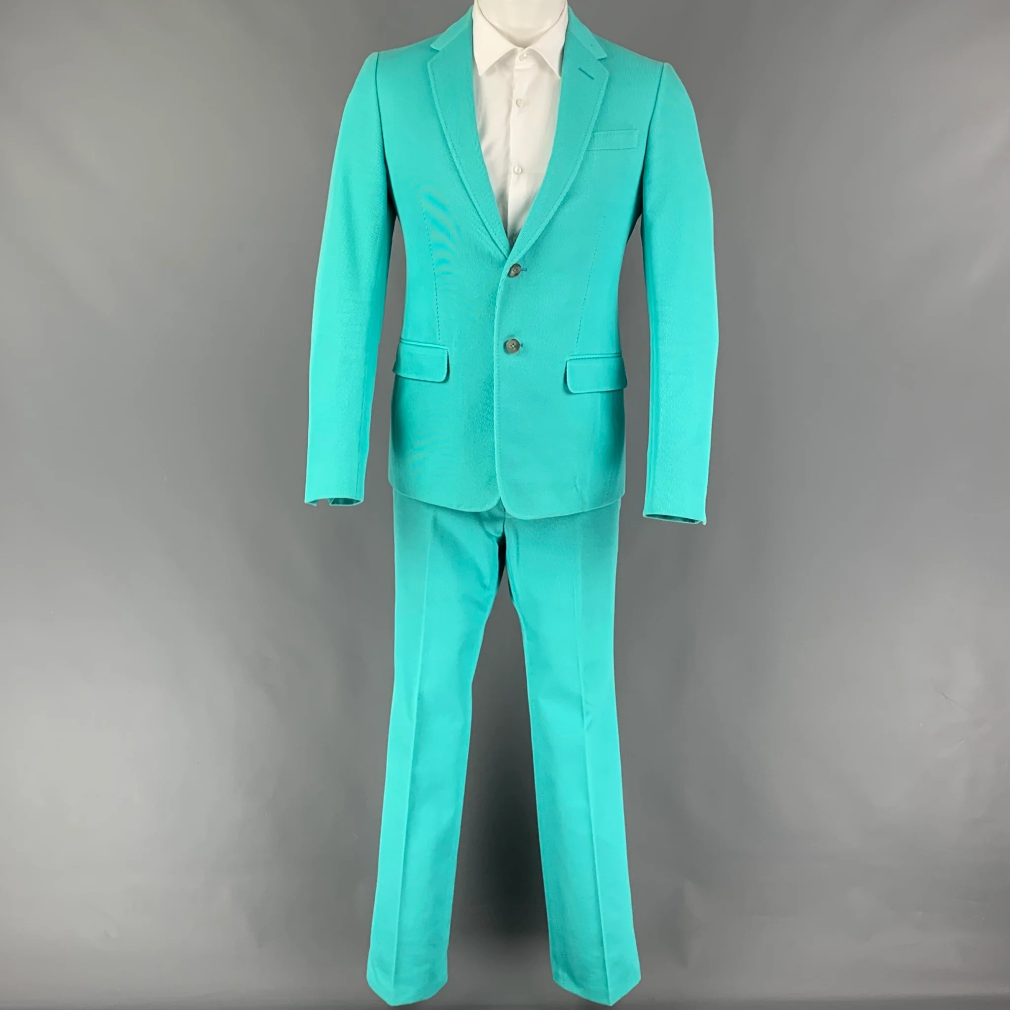 GUCCI Size 38 Teal Textured Cotton Notch Lapel Suit - Image 8
