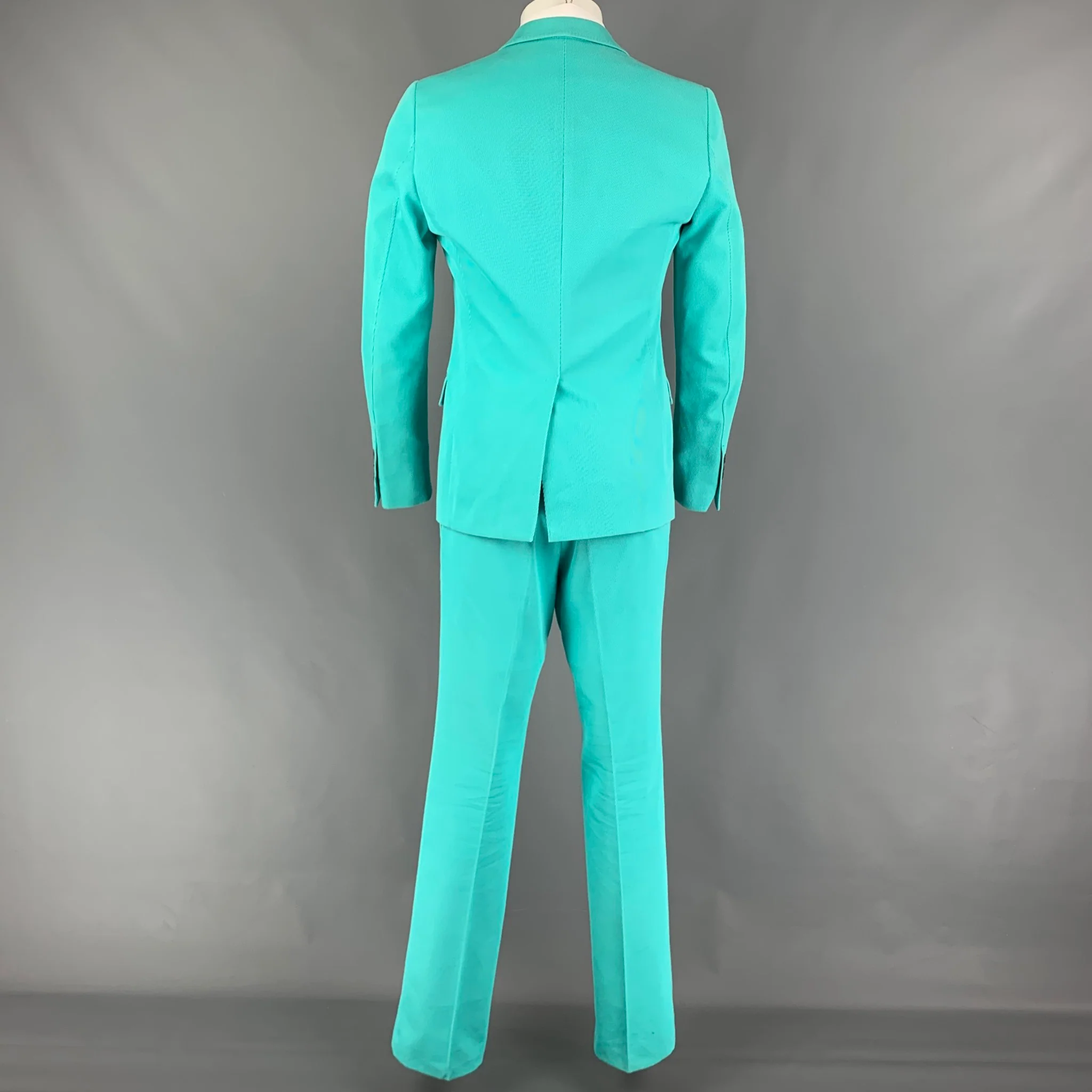 GUCCI Size 38 Teal Textured Cotton Notch Lapel Suit - Image 9