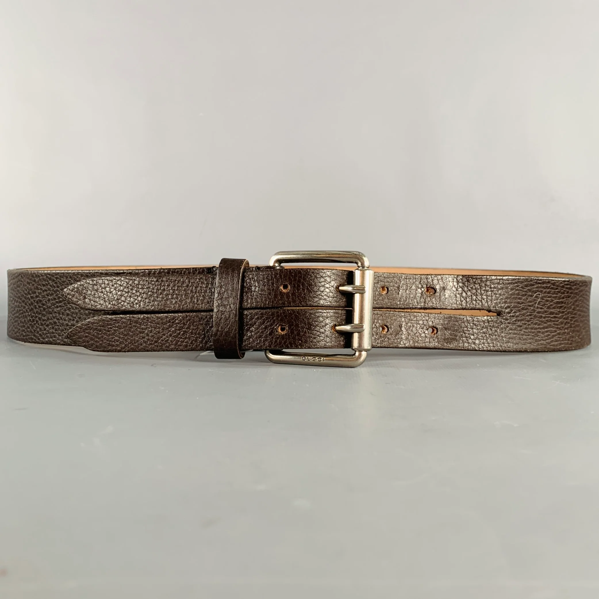GUCCI Size 40 Brown Silver Leather Belt