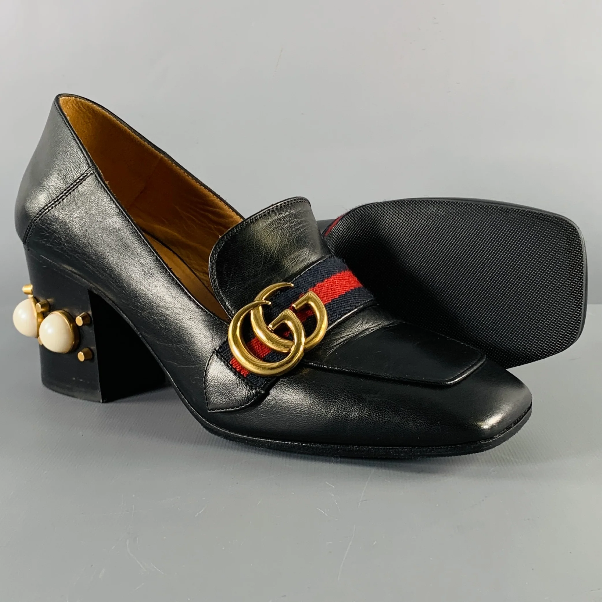 GUCCI Size 7.5 Marmont Black Leather Pearls Chunky Heel Pumps - Image 6