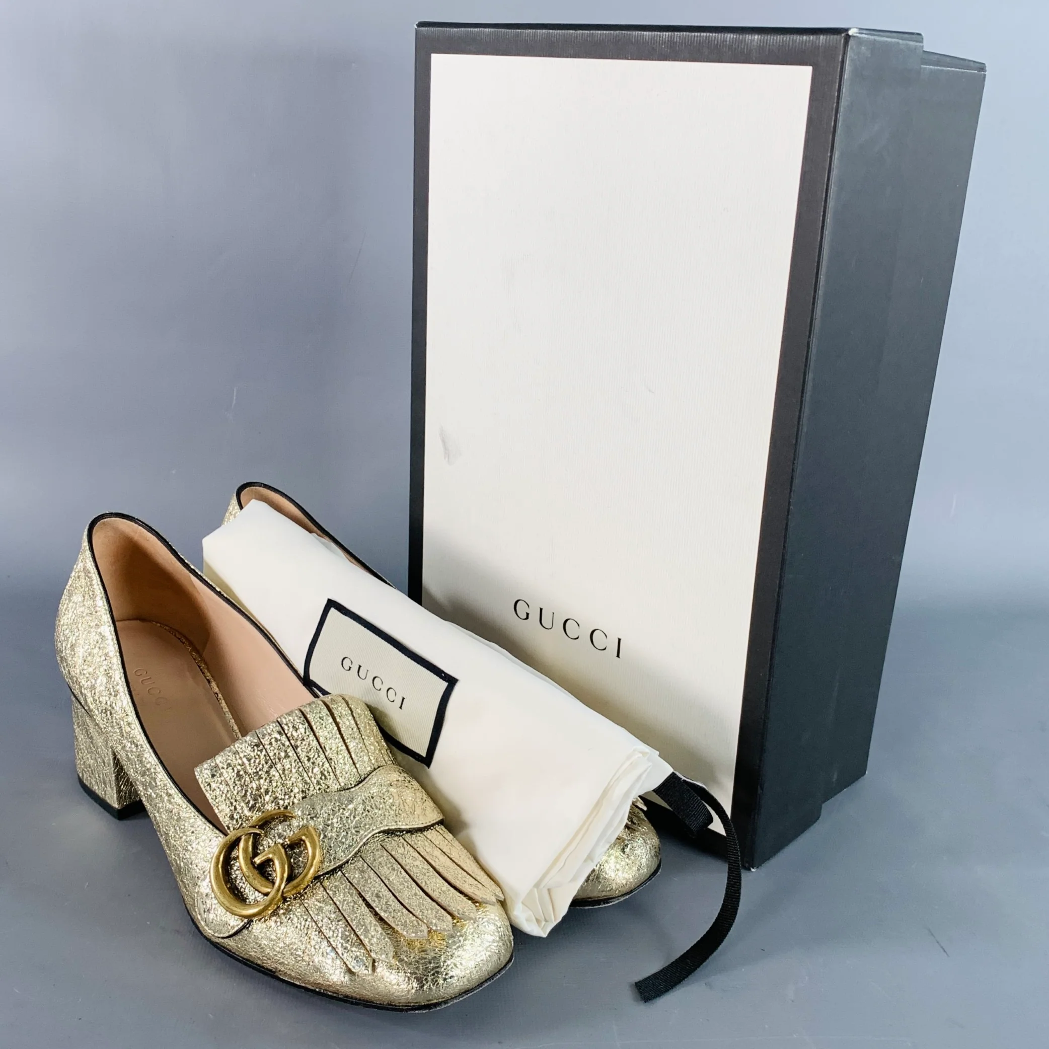 GUCCI Size 7.5 Metallic Gold Leather Textured Eyelash Fringed Pumps - Image 8