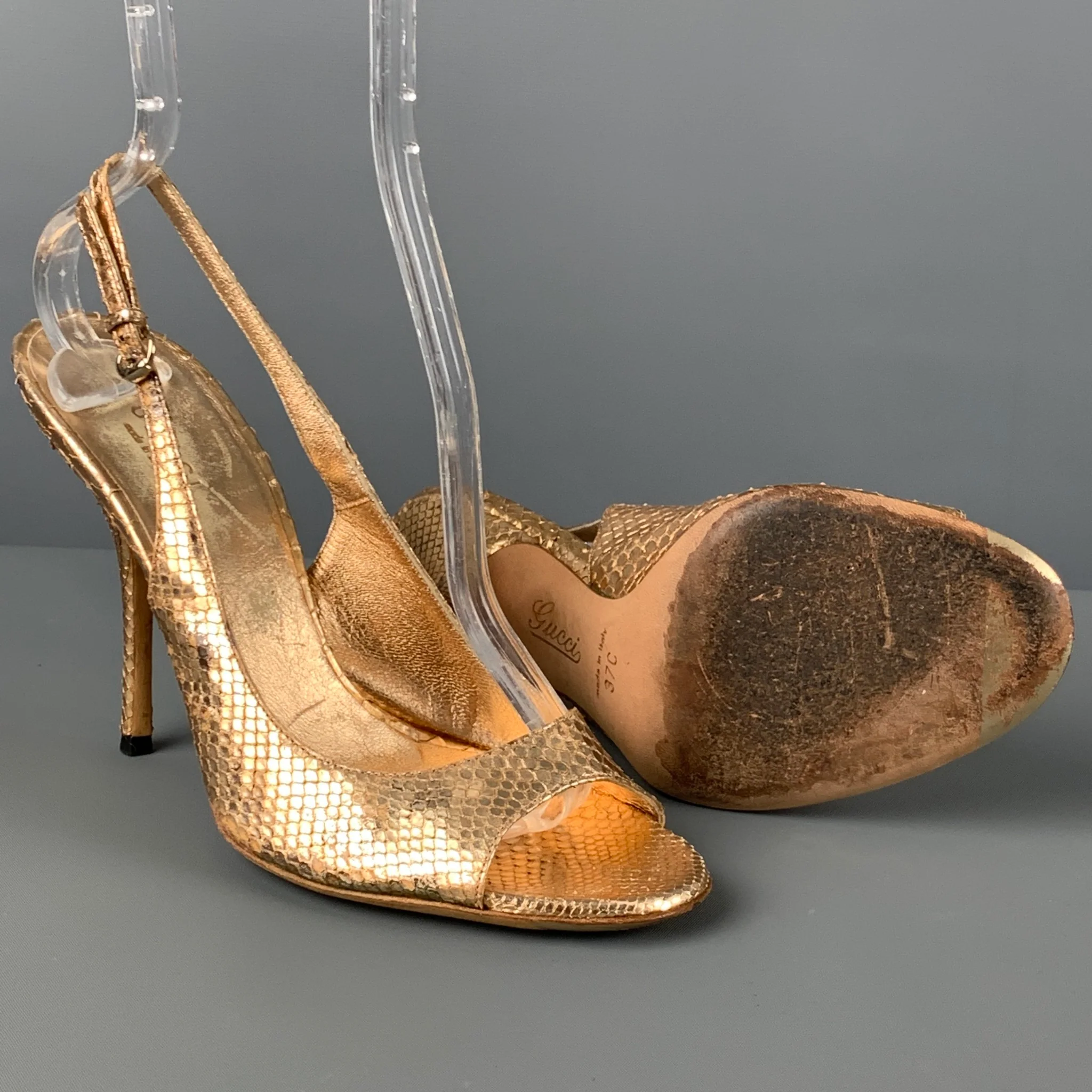 GUCCI Size 7 Gold Snake Skin Leather Slingback Heel Sandals - Image 3