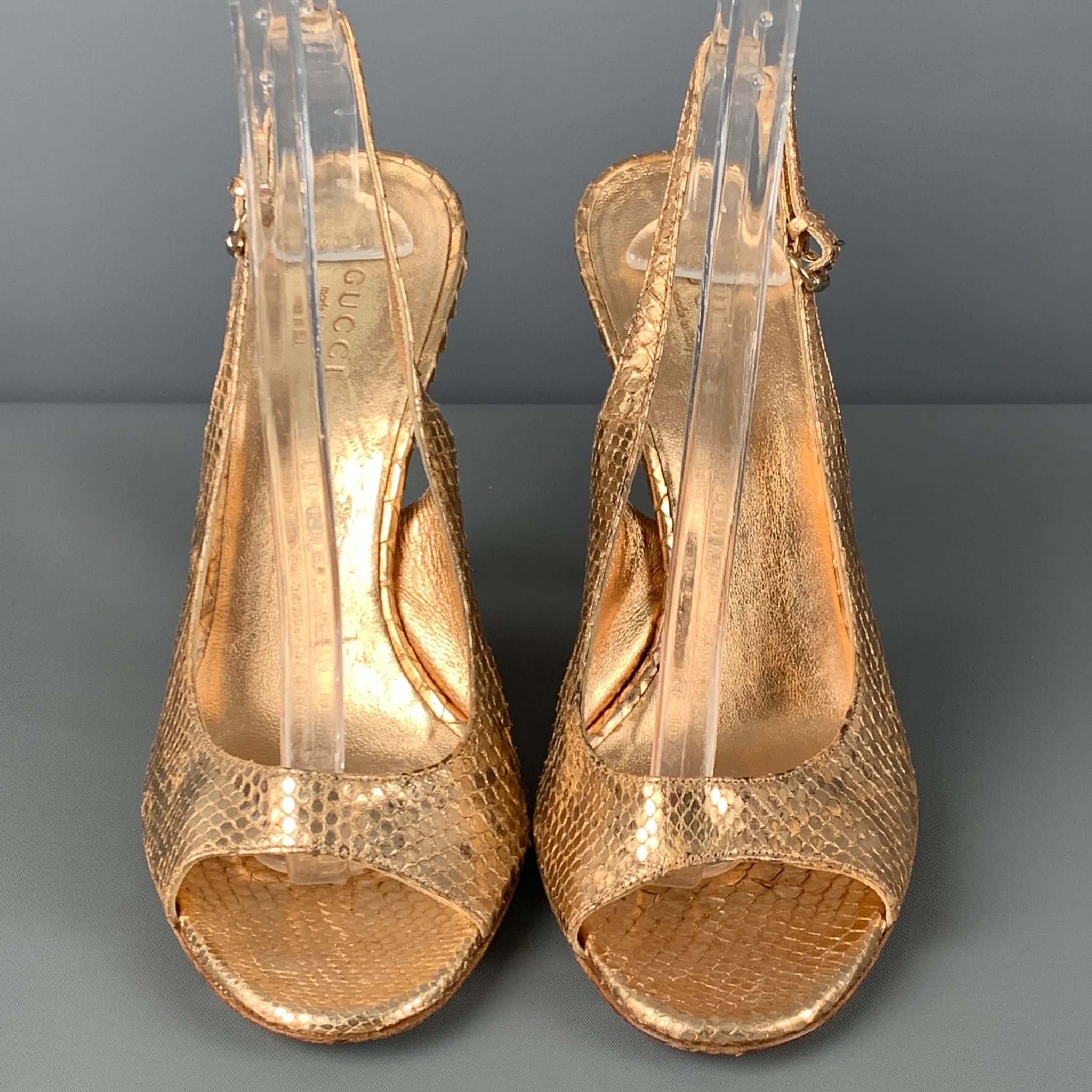 GUCCI Size 7 Gold Snake Skin Leather Slingback Heel Sandals - Image 4