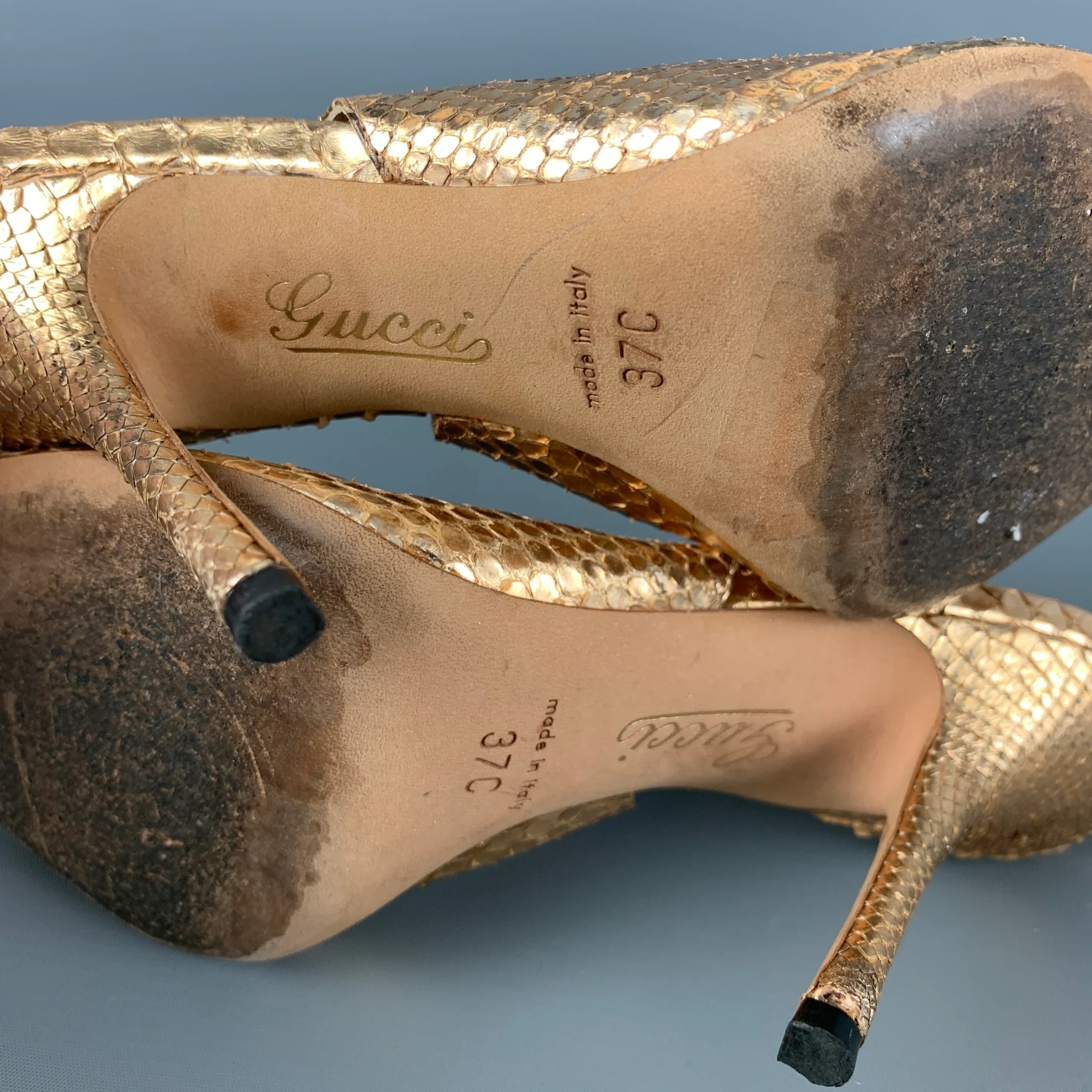 GUCCI Size 7 Gold Snake Skin Leather Slingback Heel Sandals - Image 7