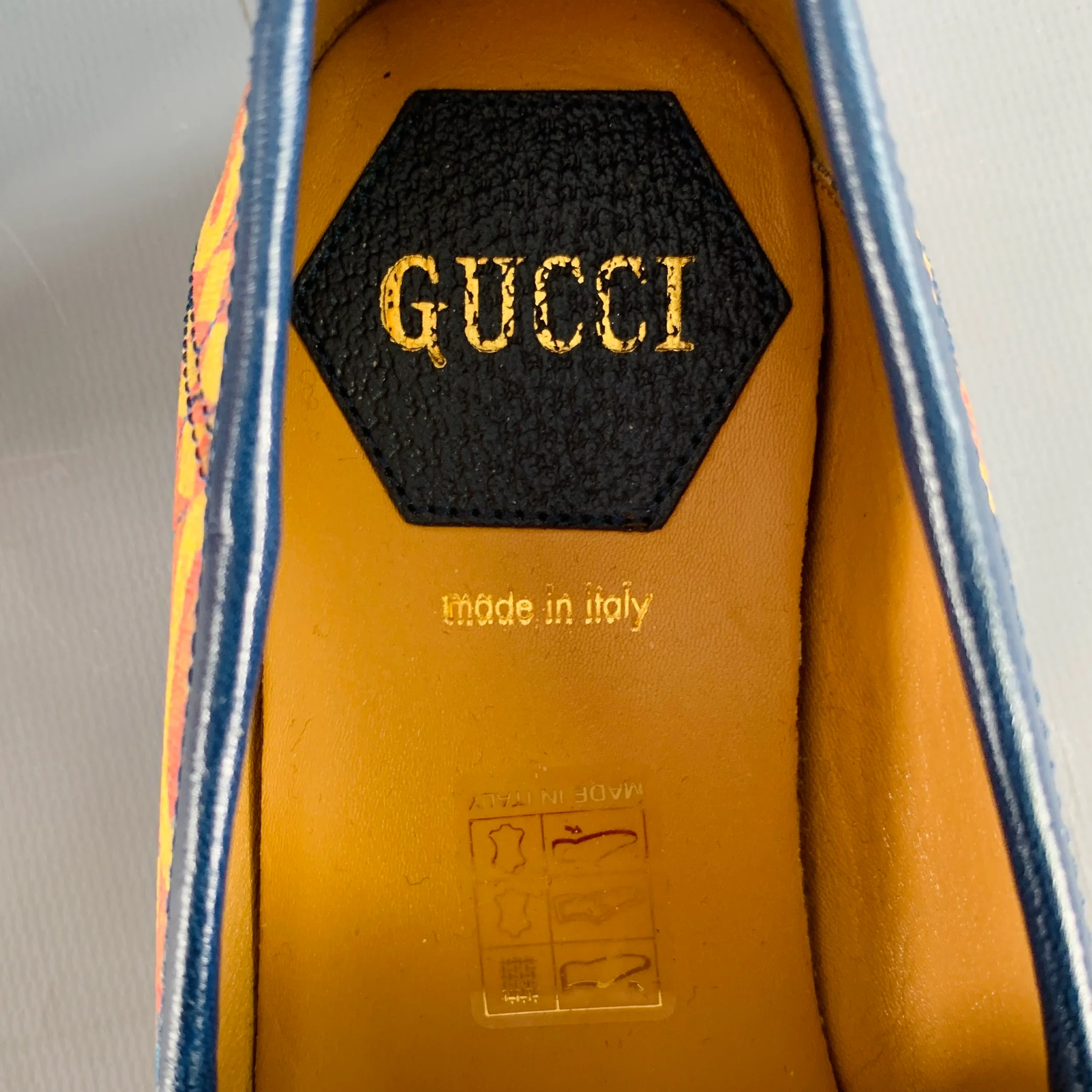 GUCCI Size 7 Orange Blue Coated Canvas Leather GG Print Horsebit Loafers Flats - Image 8
