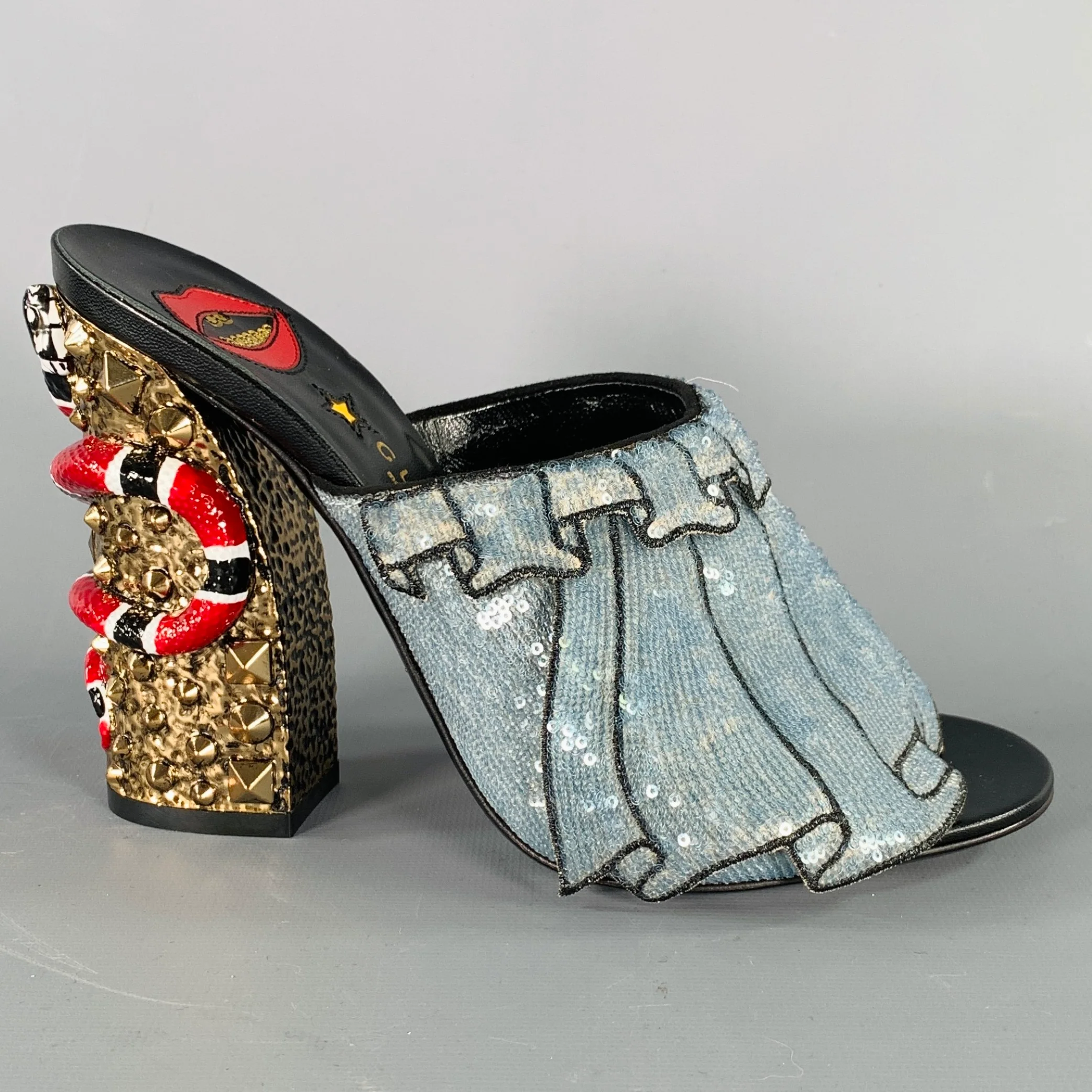 GUCCI Size 8 Trompe L'oeil Blue Red Gold Beaded Mules Sandals - Image 2