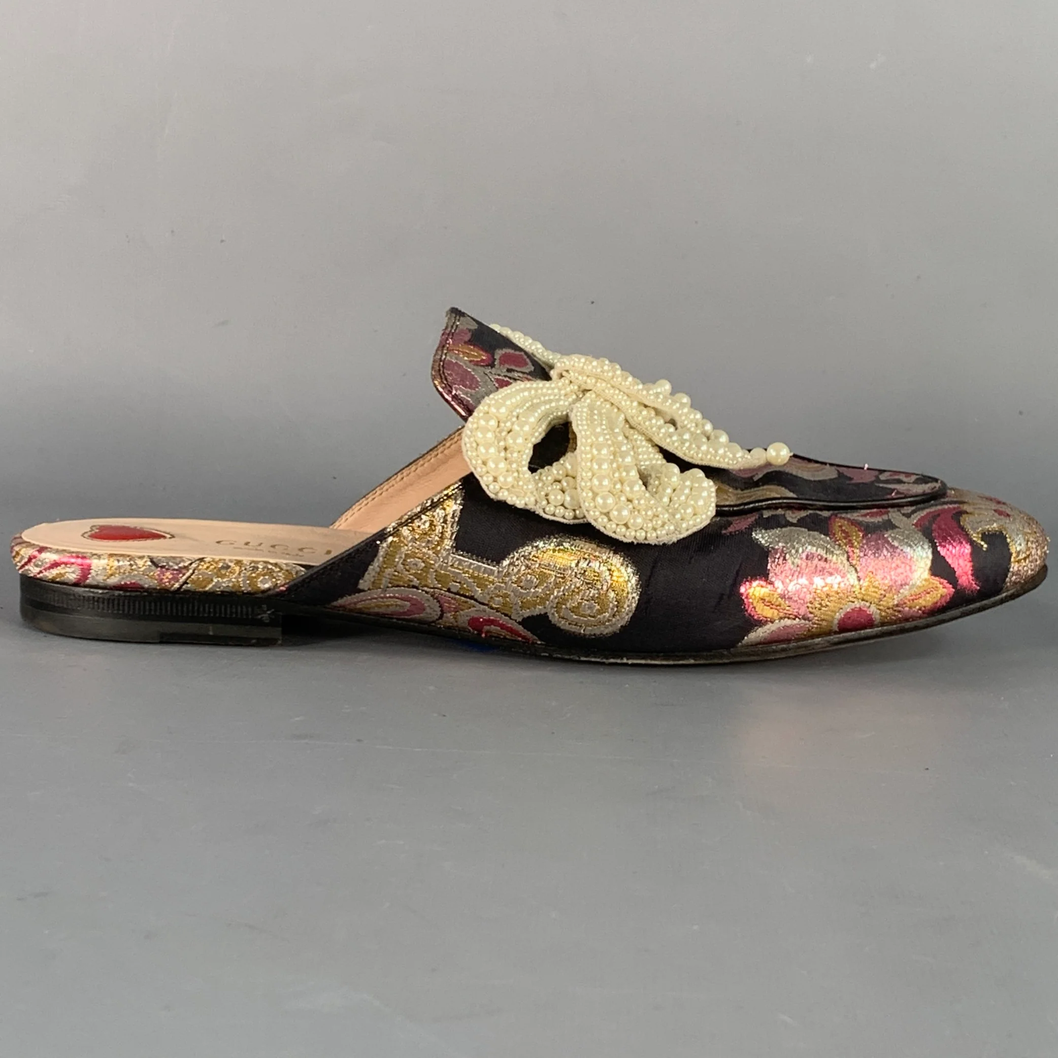 GUCCI Size 9.5 Princetown Black Multi Color Faux Pearl Bows Slip On Flats - Image 2