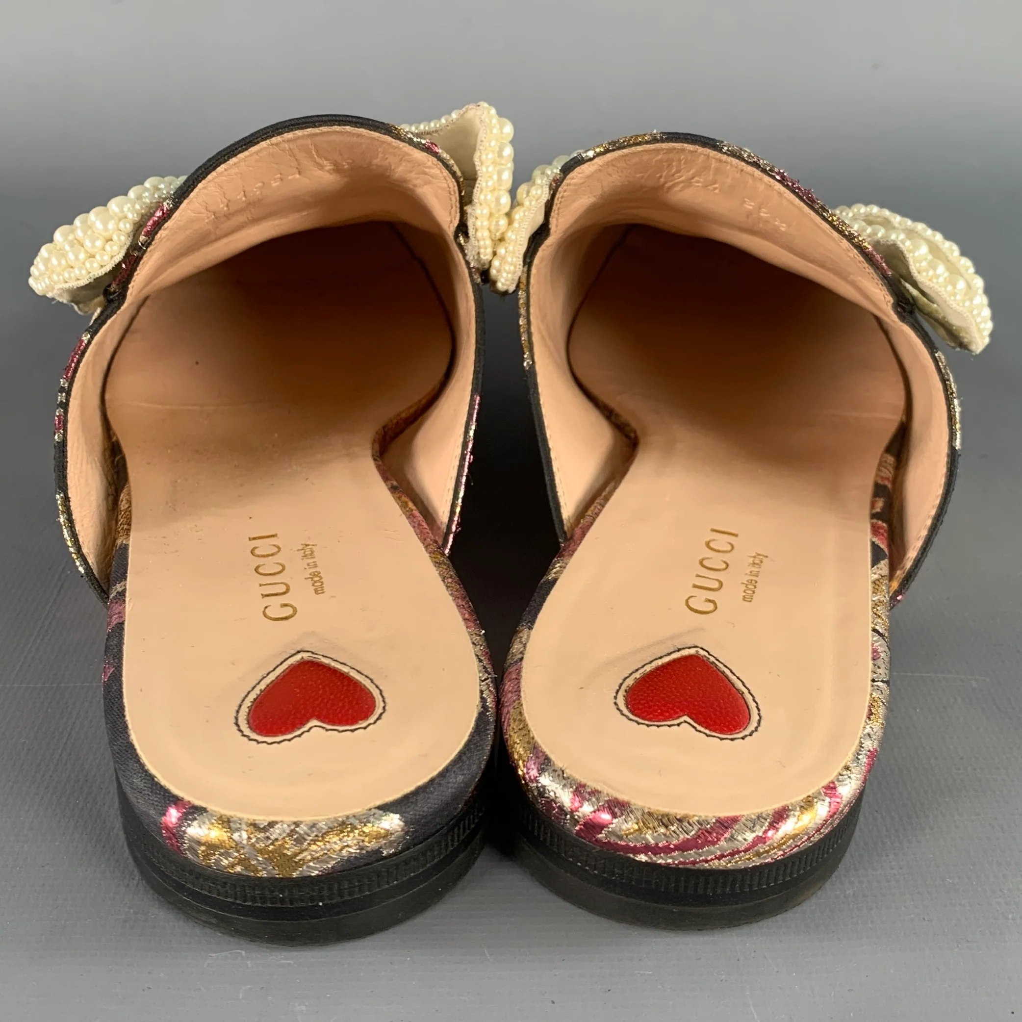 GUCCI Size 9.5 Princetown Black Multi Color Faux Pearl Bows Slip On Flats - Image 3