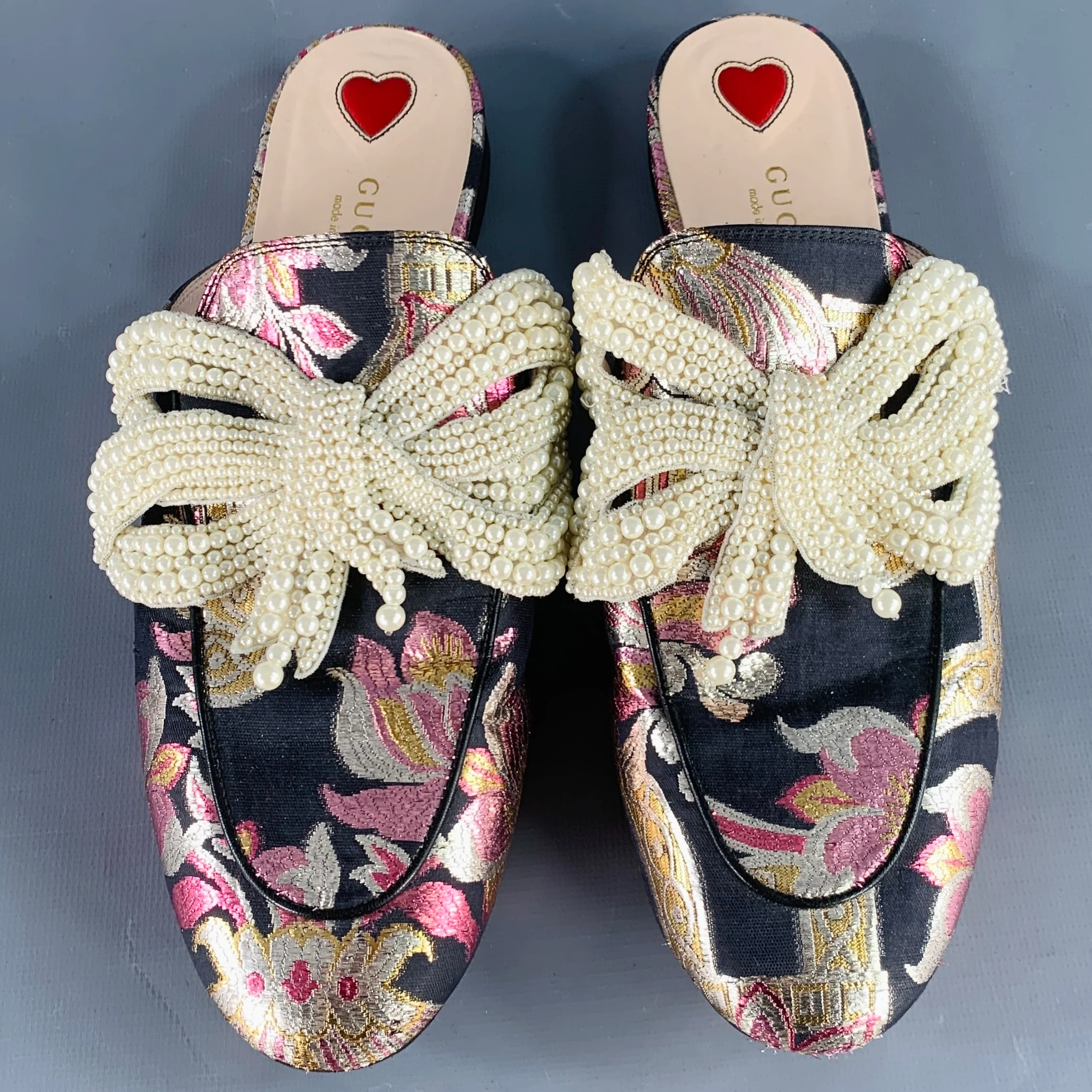 GUCCI Size 9.5 Princetown Black Multi Color Faux Pearl Bows Slip On Flats - Image 4