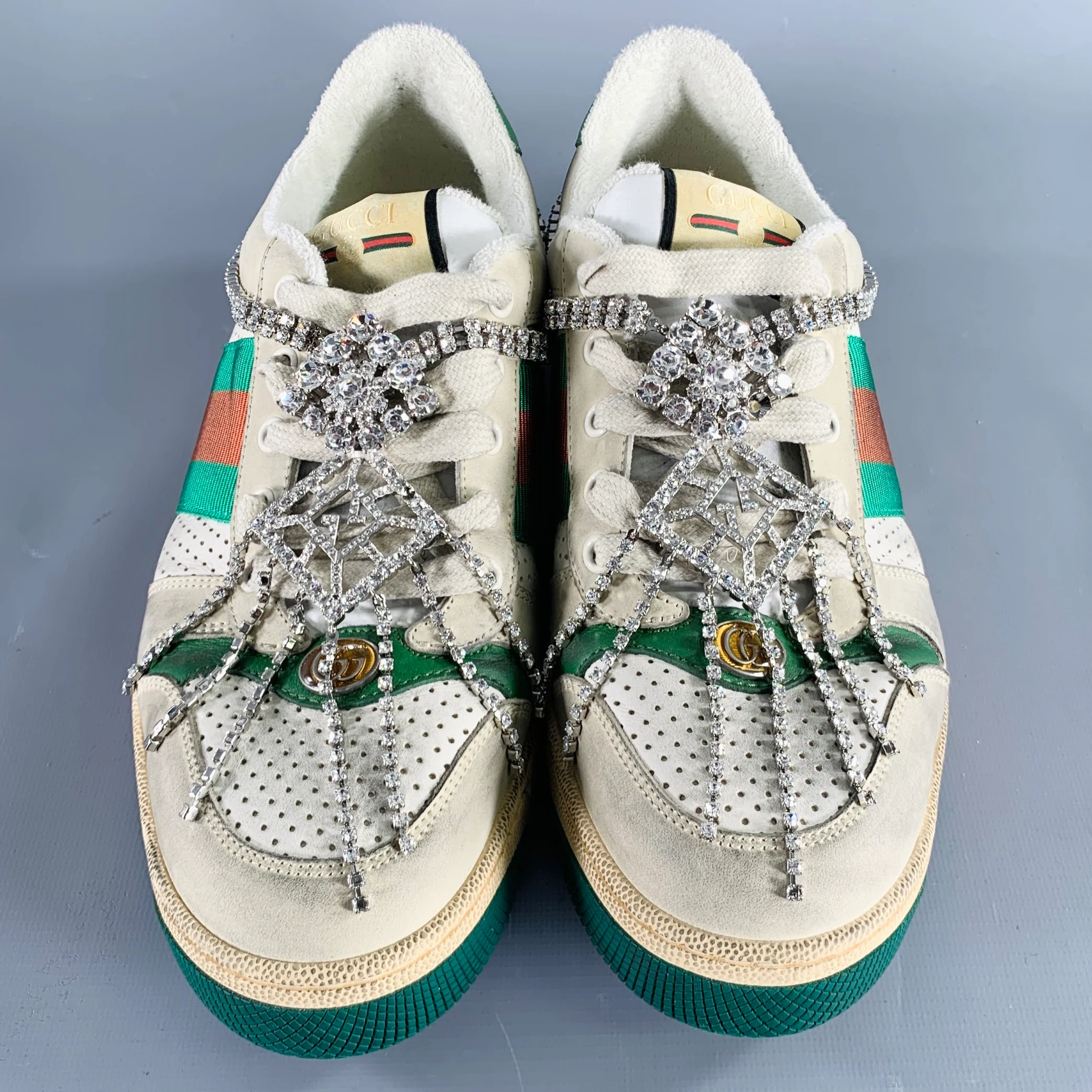 GUCCI Size 9 -Screener- Off White Distressed Leather Lace-Up Sneakers - Image 4