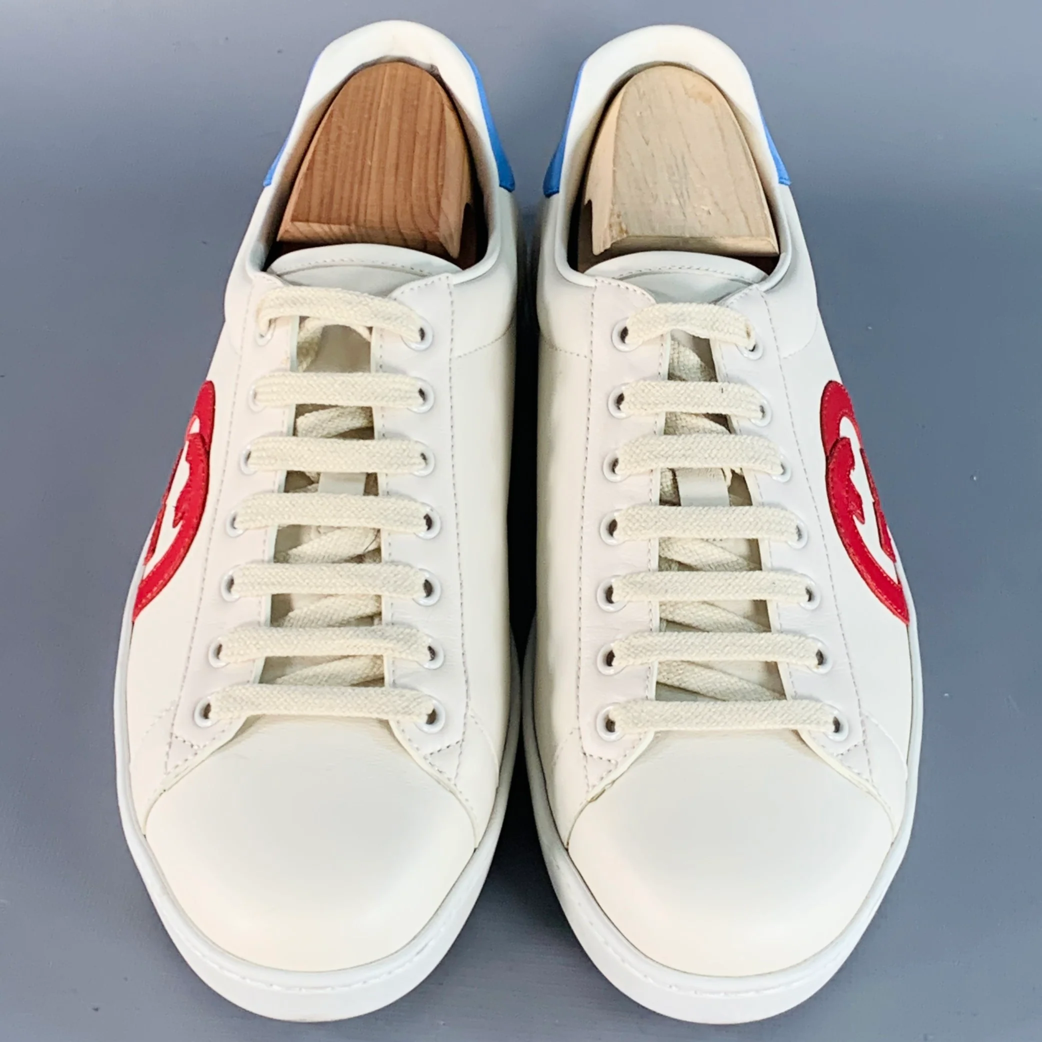 GUCCI Size 8.5 White Red Blue Logo Leather Suede Sneakers - Image 4