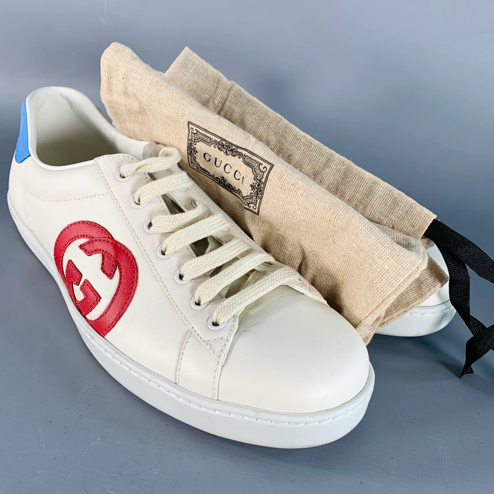 GUCCI Size 8.5 White Red Blue Logo Leather Suede Sneakers - Image 9