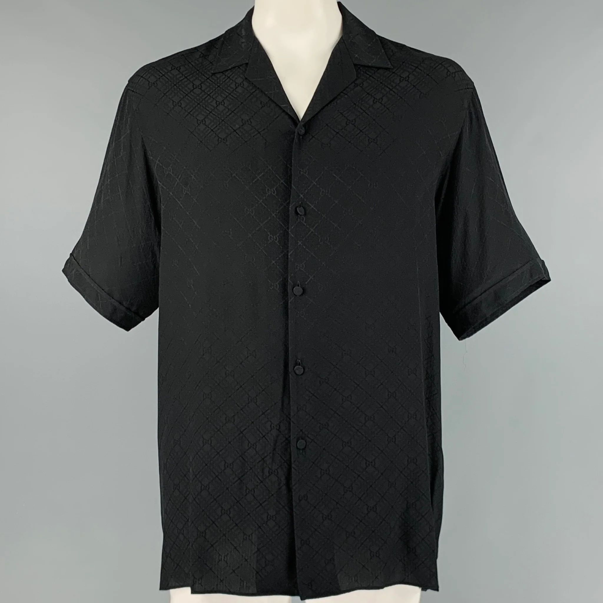 GUCCI Size L Black Monogram Silk Camp Short Sleeve Shirt
