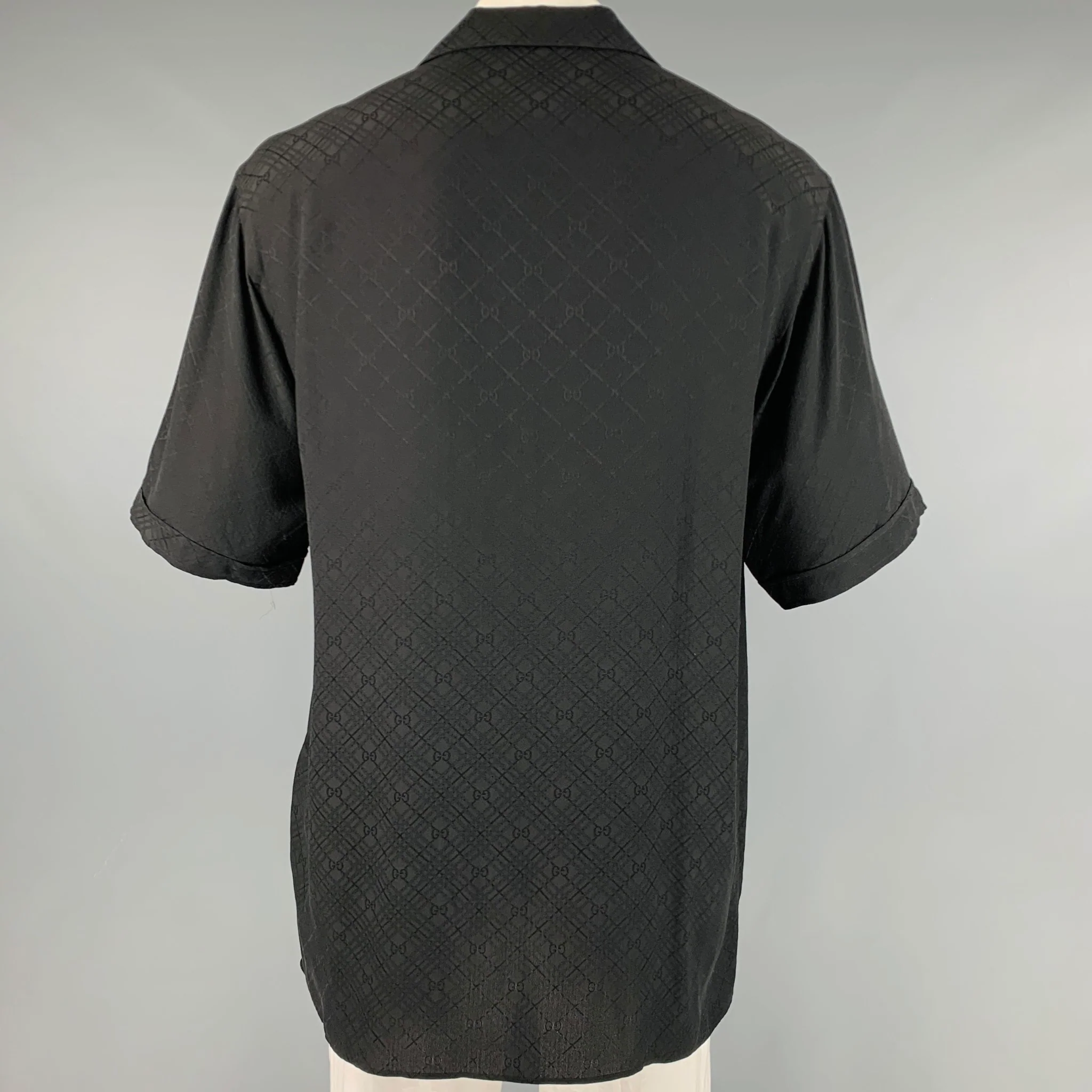 GUCCI Size L Black Monogram Silk Camp Short Sleeve Shirt - Image 4