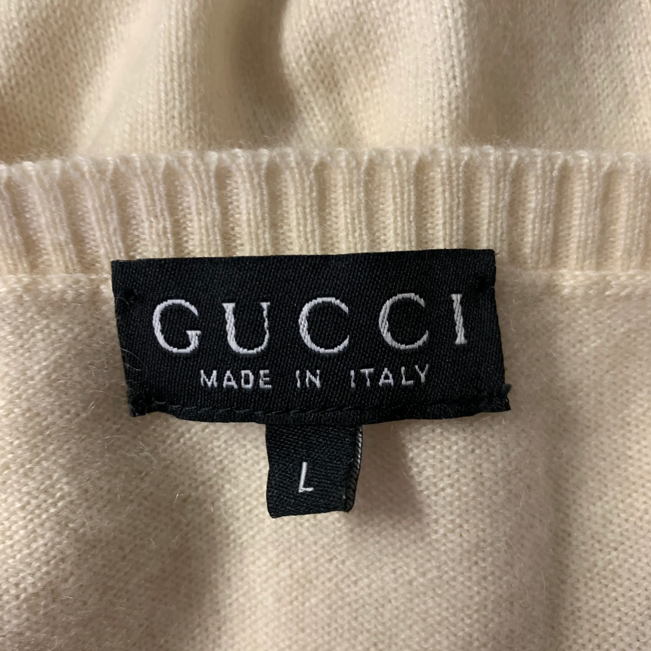 GUCCI Size L Cream Cashmere Short Sleeve Sweater Top - Image 7