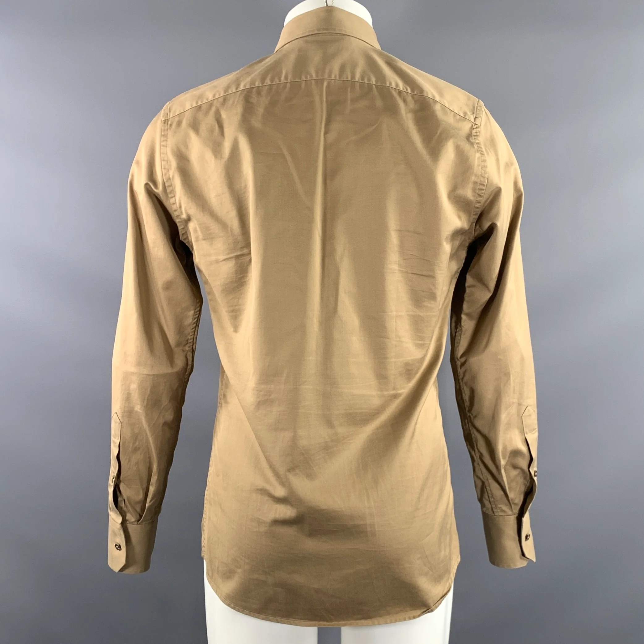 GUCCI Size M Khaki Tan Solid Cotton Pointed Collar Long Sleeve Shirt - Image 3
