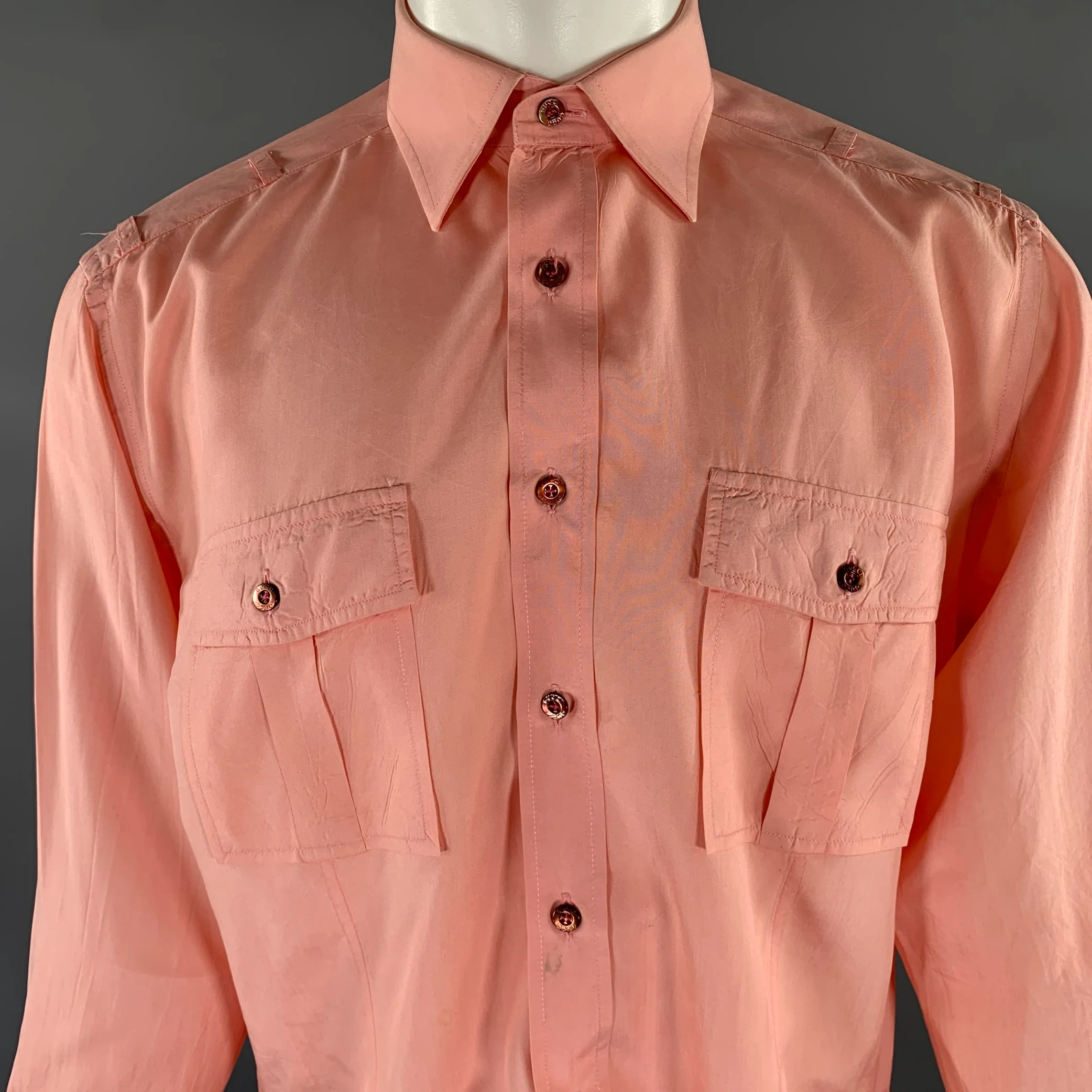 GUCCI Size M Pink Peach Silk Button Down Long Sleeve Shirt - Image 2