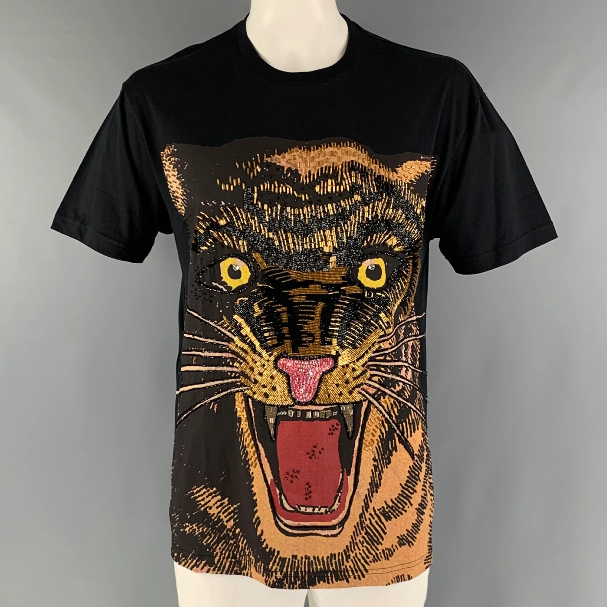 GUCCI Size S Black Gold Embroidery Cotton Crew-Neck T-shirt