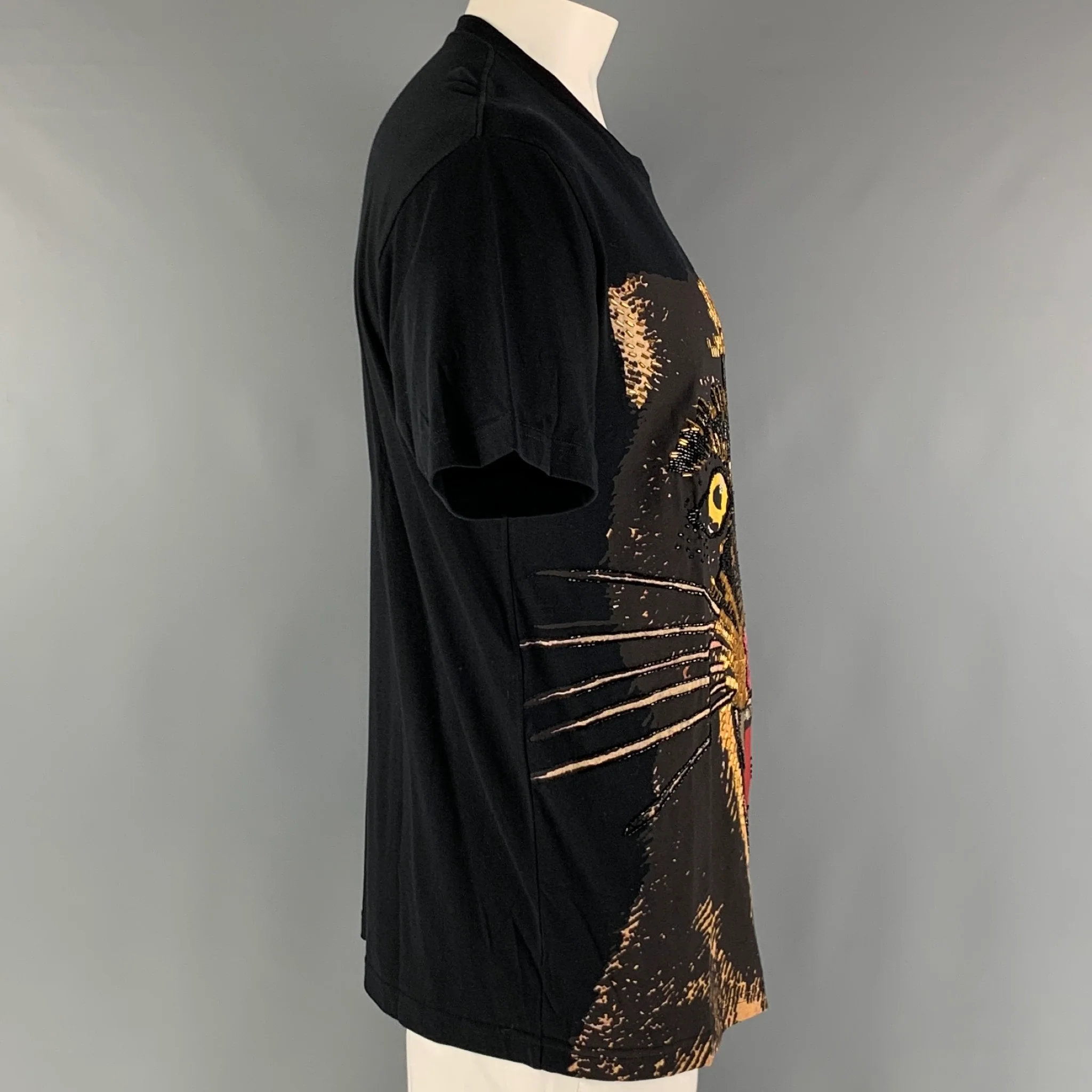 GUCCI Size S Black Gold Embroidery Cotton Crew-Neck T-shirt - Image 2
