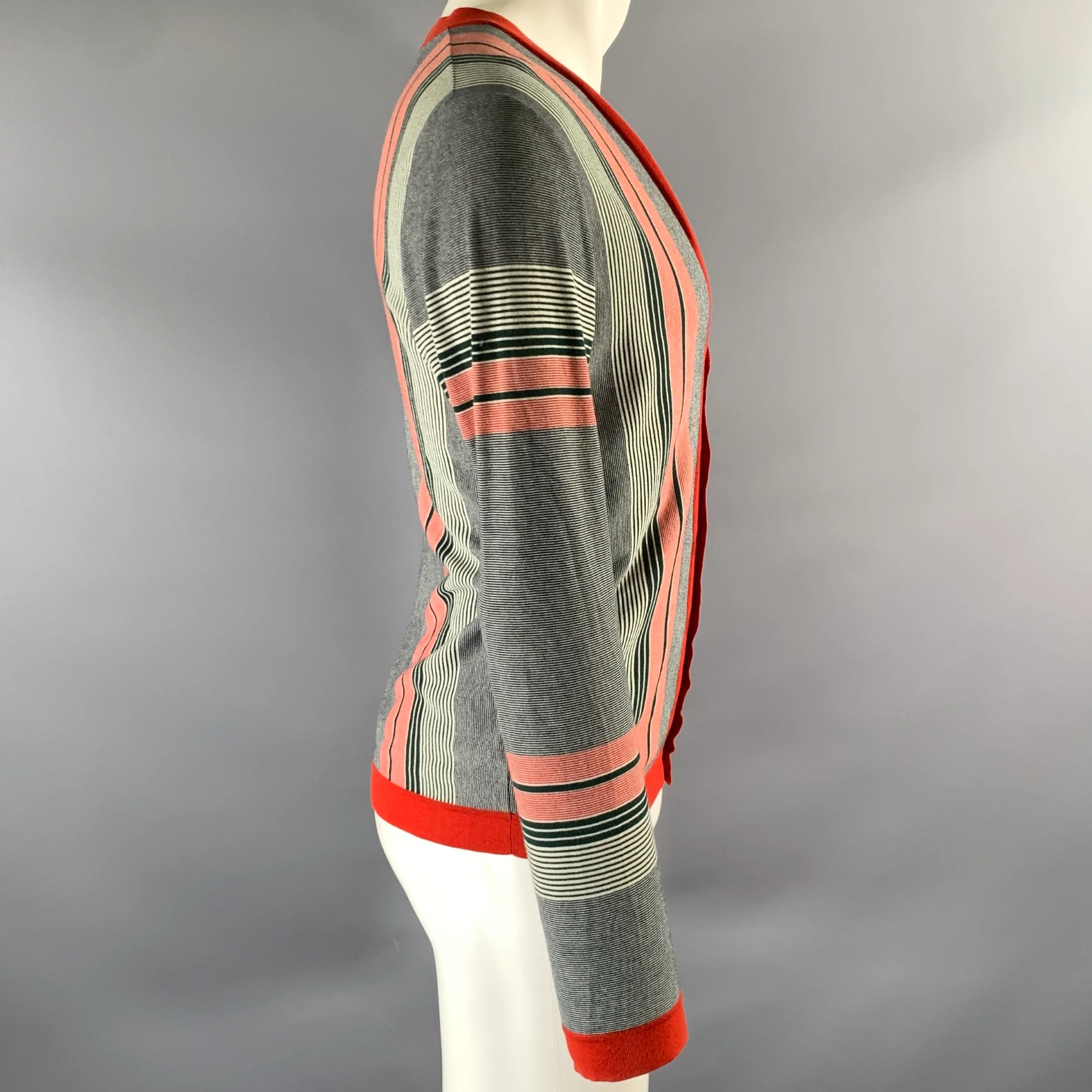 GUCCI Size S Red Green Navy Stripe V-Neck Cardigan - Image 3
