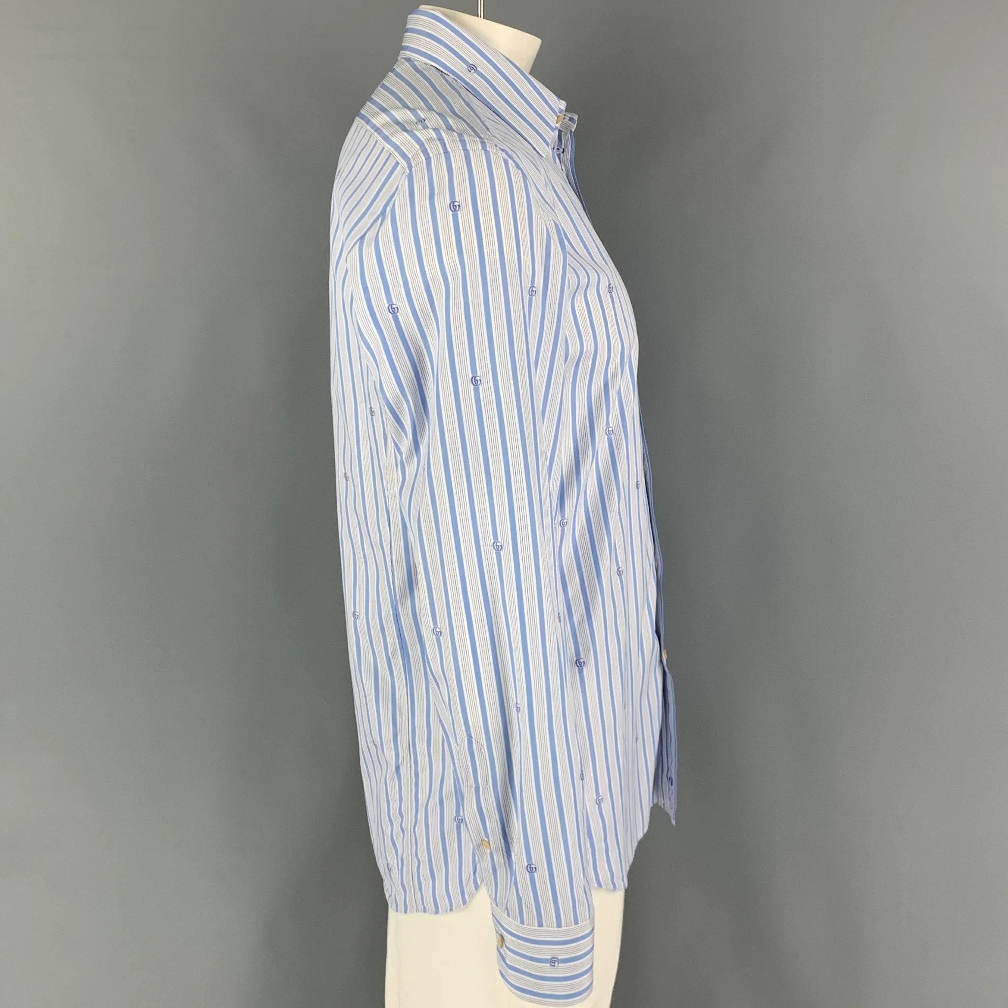 GUCCI Size XL Blue White Stripe Cotton Button Up Long Sleeve Shirt - Image 3