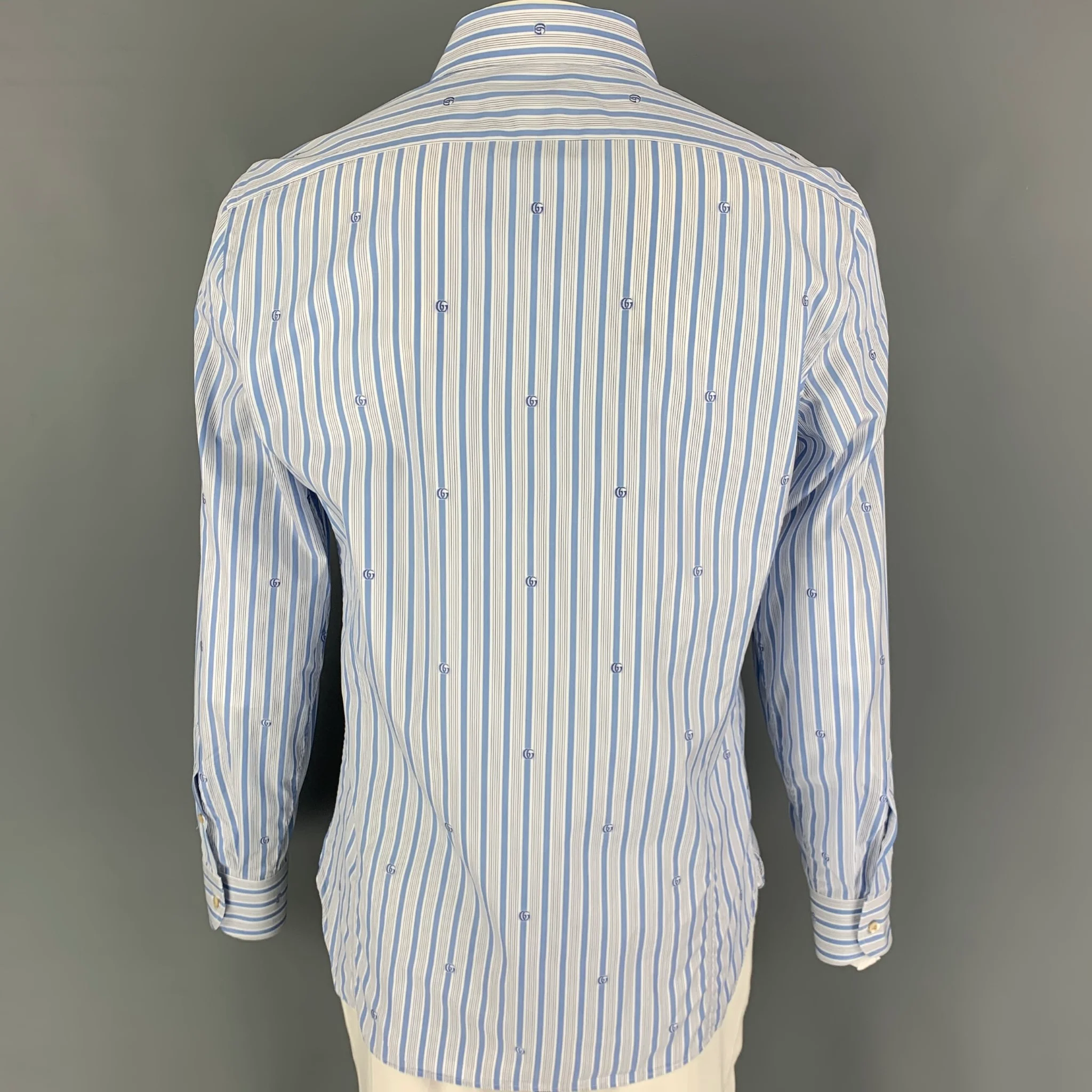 GUCCI Size XL Blue White Stripe Cotton Button Up Long Sleeve Shirt - Image 4