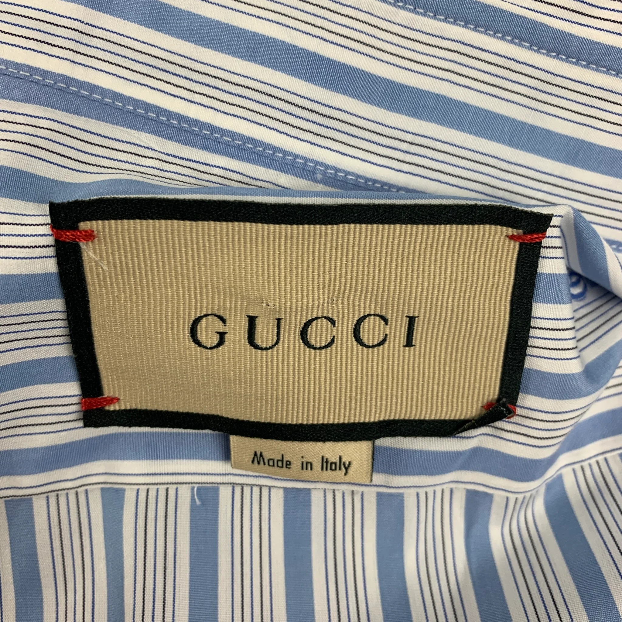 GUCCI Size XL Blue White Stripe Cotton Button Up Long Sleeve Shirt - Image 7