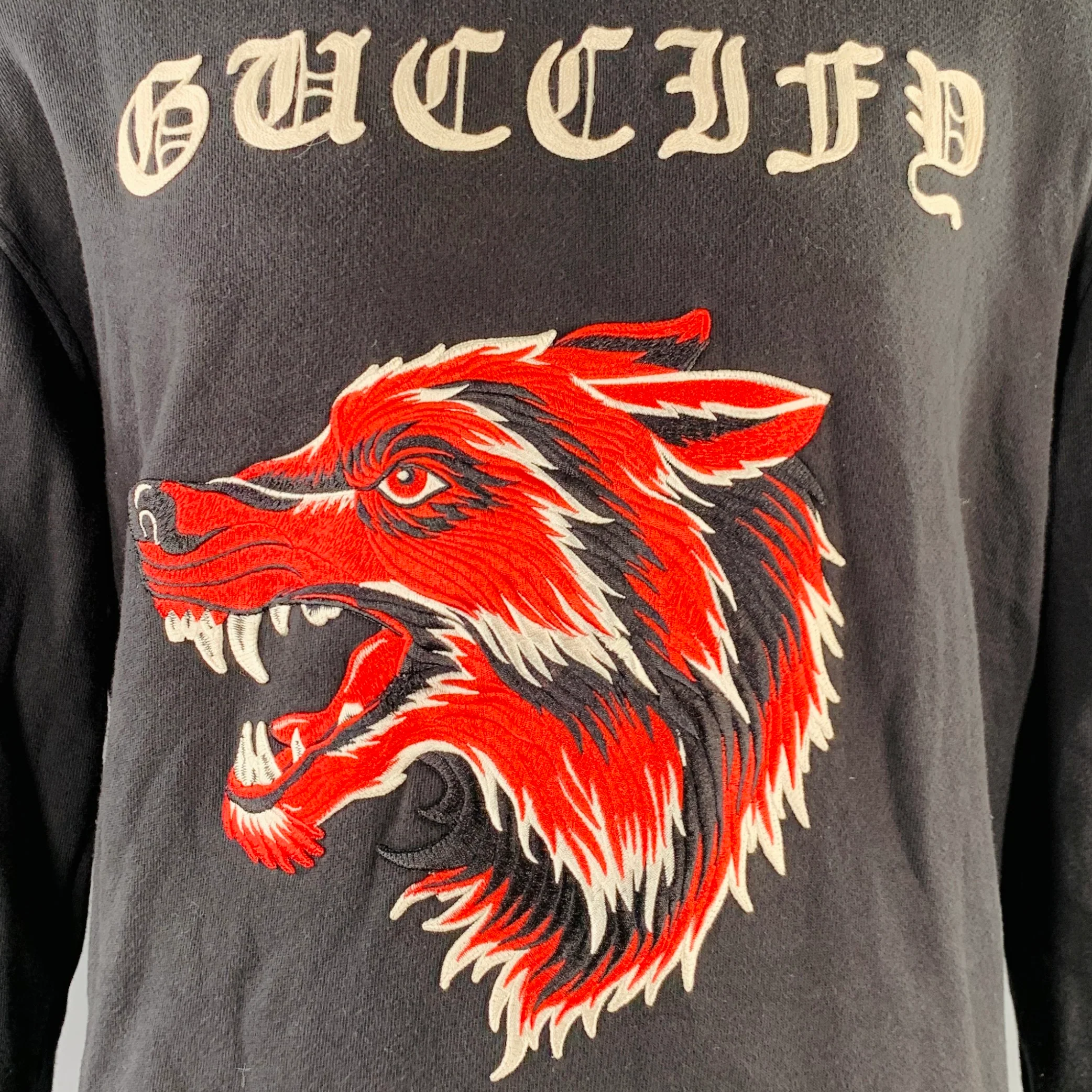 GUCCI Size XL Guccify Wolf Black Red White Applique Cotton Hooded Sweatshirt - Image 2