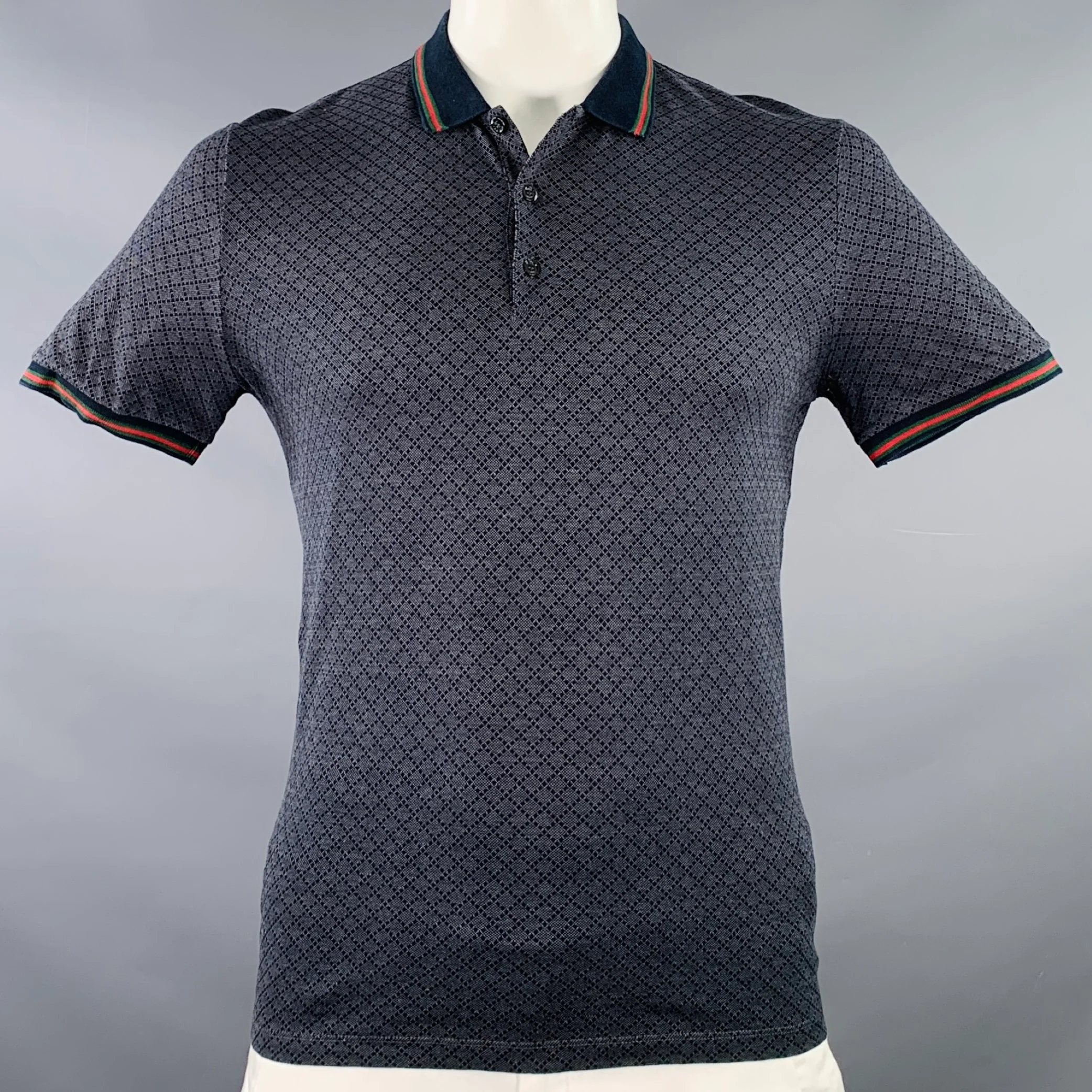 GUCCI Size XL Navy Red Diamond Cotton Contrast Trim Polo