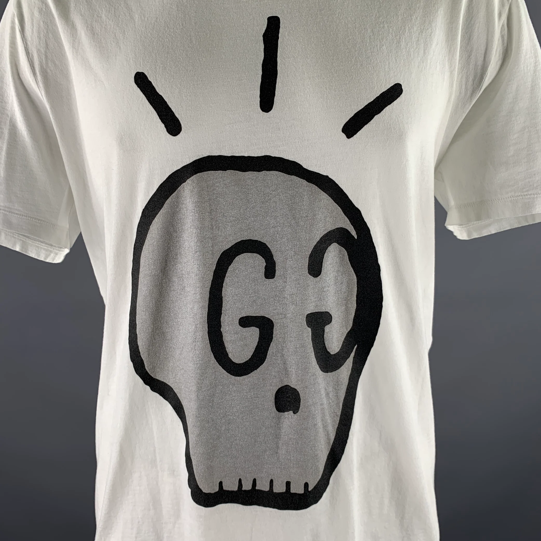 GUCCI Size XL White Grey Black Graphic Cotton Scoop Neck T-shirt - Image 2