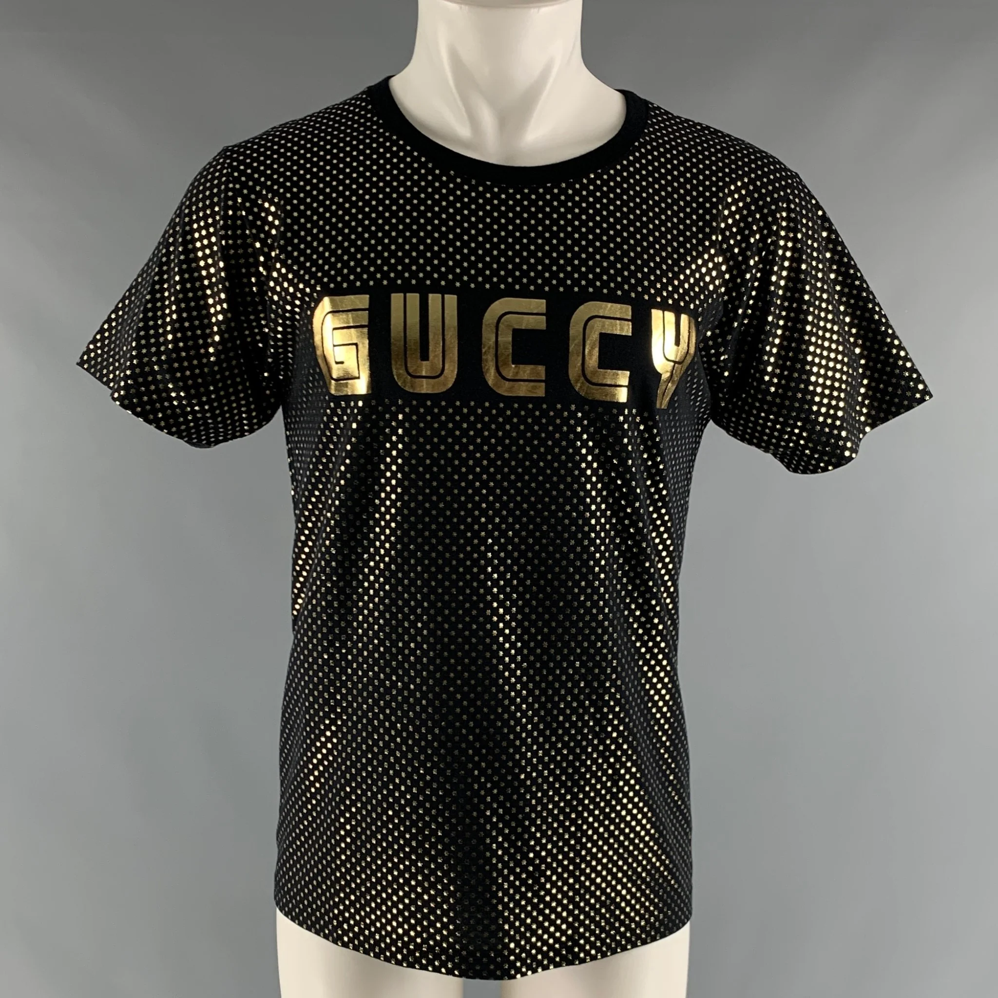 GUCCI Size XS Black Gold Stars Cotton Crew-Neck T-shirt