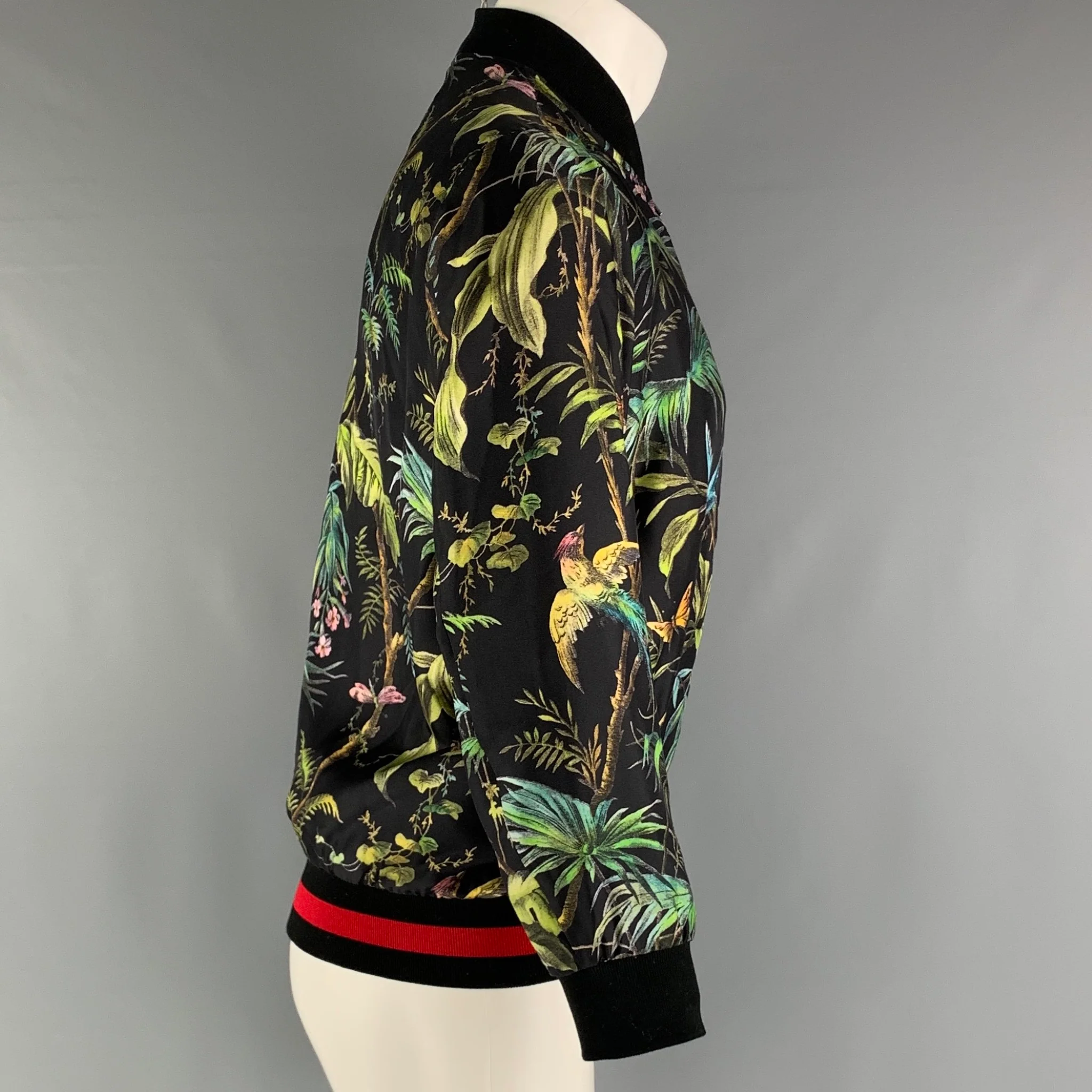 GUCCI Size XS Black Green Forest Jungle Graphic Silk Bomber Jacket - Image 3