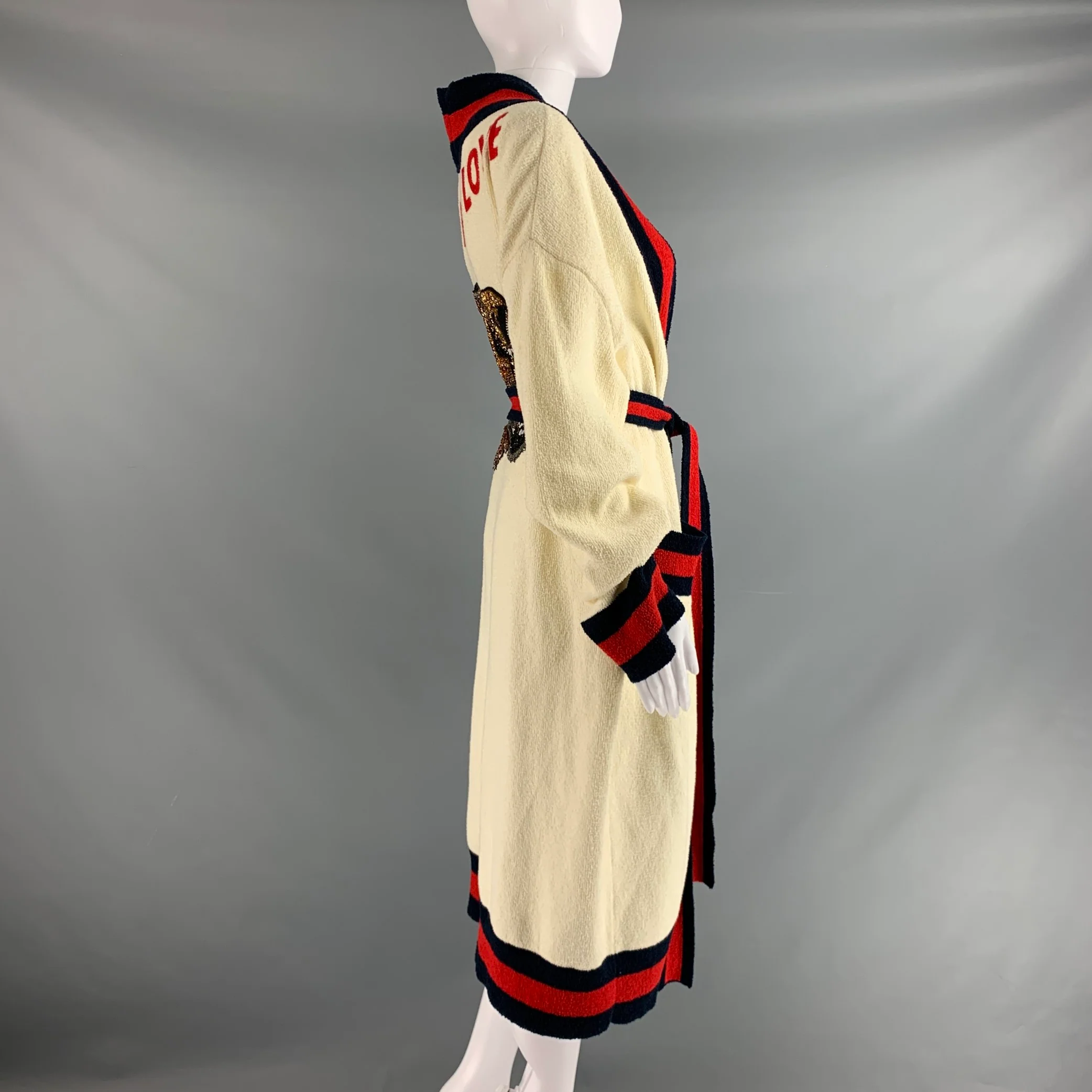 GUCCI Size XS Cream Red Blue Beaded Terry Belted Robe - Image 2