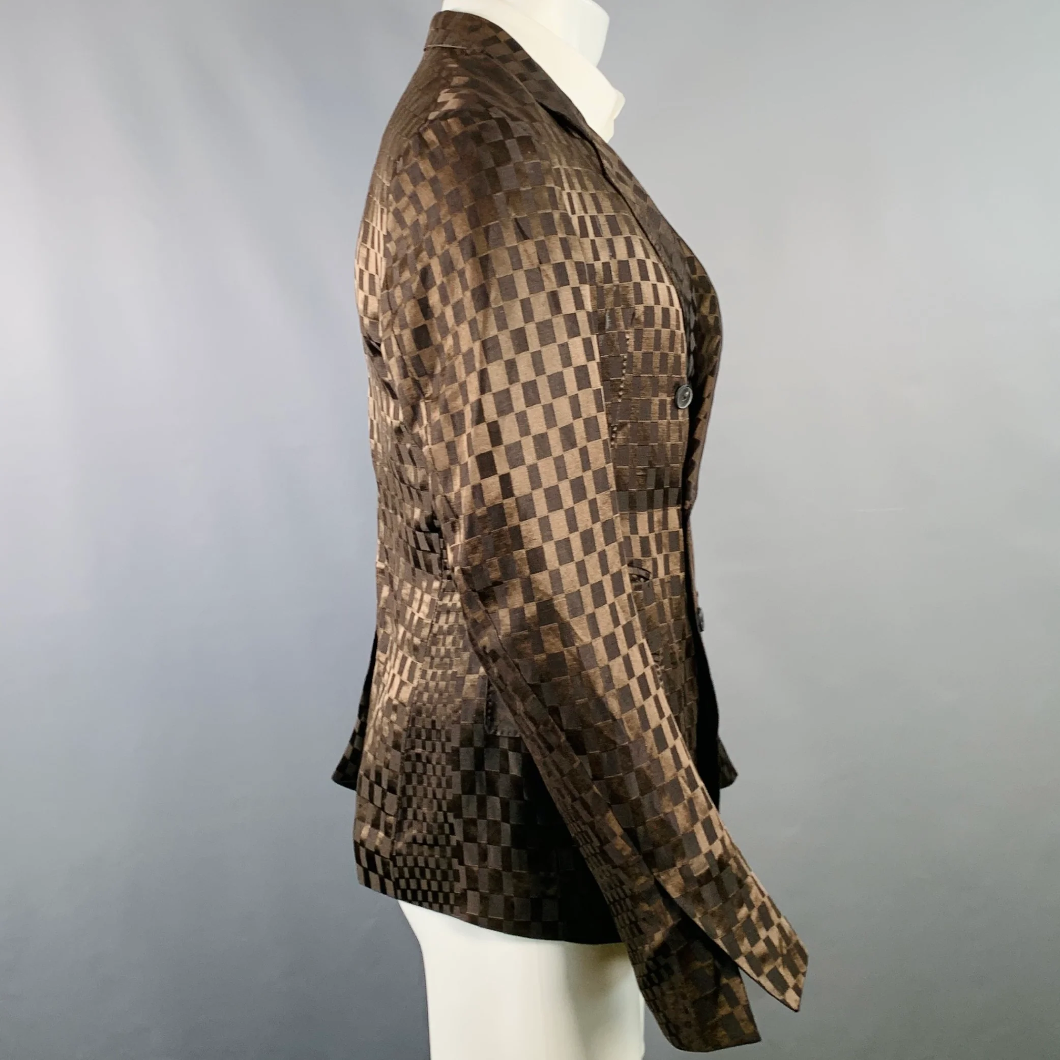 HAIDER ACKERMANN Size 38 Brown Checkered Jacquard Linen Silk Double Breasted Sport Coat - Image 3