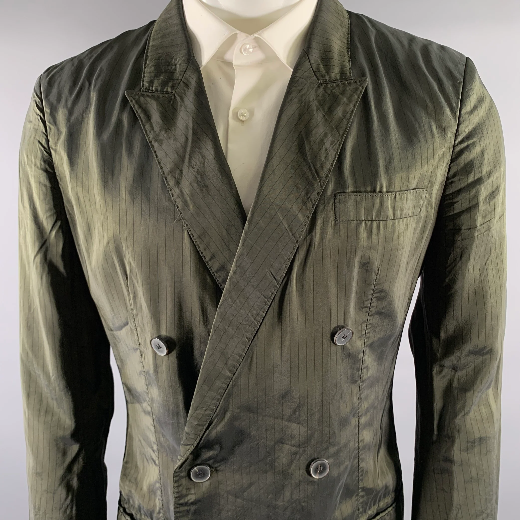 HAIDER ACKERMANN Size 38 Green Olive Pinstripe Viscose Blend Jacket - Image 2