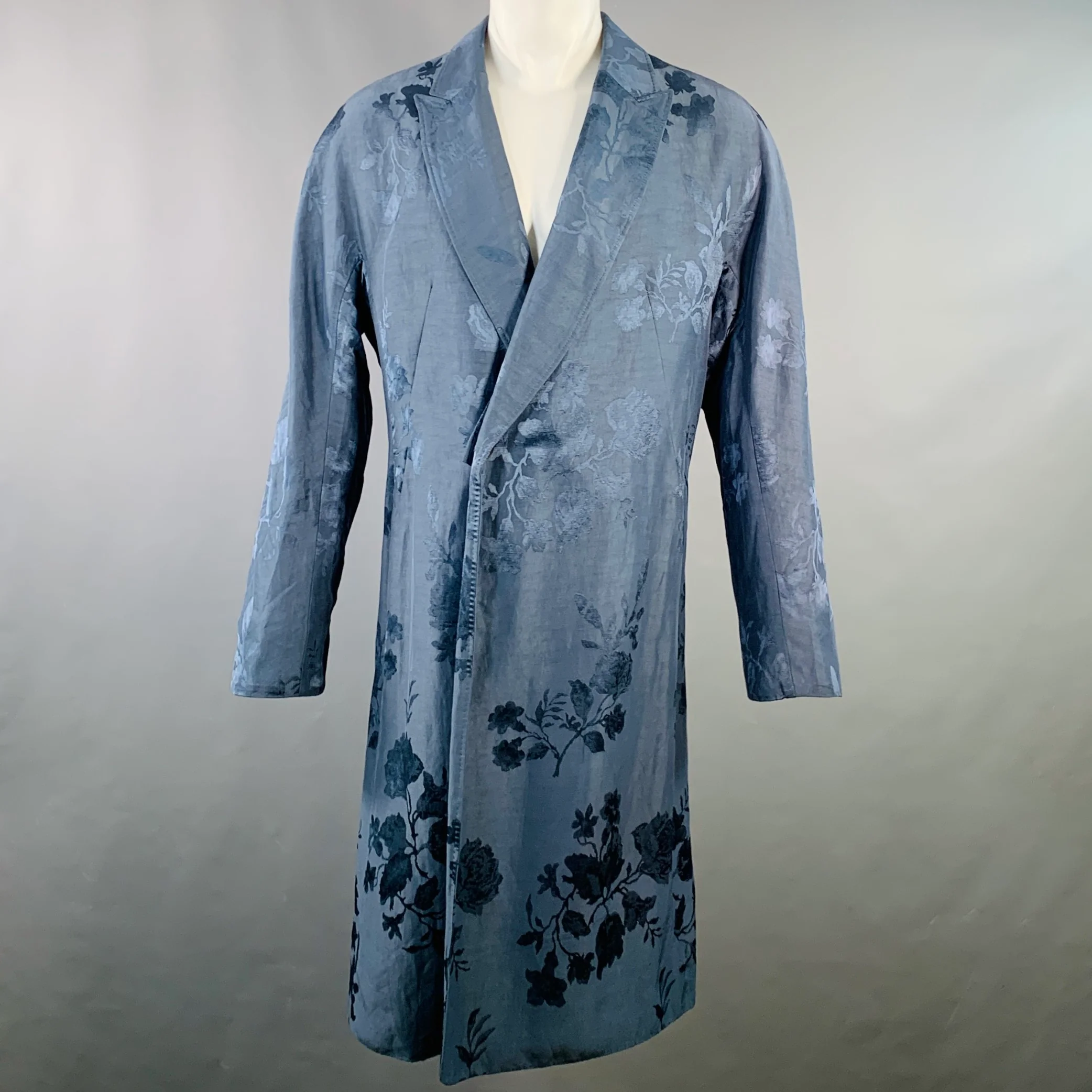 HAIDER ACKERMANN Size 38 Teal Jacquard Linen Blend Single Breasted Peak Lapel Coat