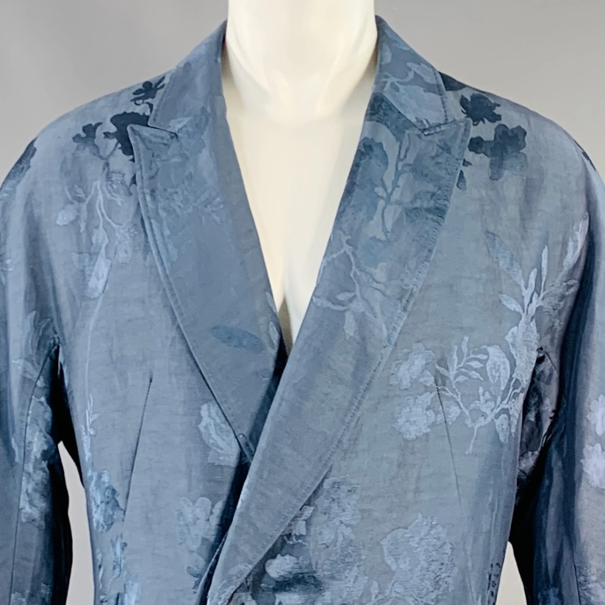 HAIDER ACKERMANN Size 38 Teal Jacquard Linen Blend Single Breasted Peak Lapel Coat - Image 2