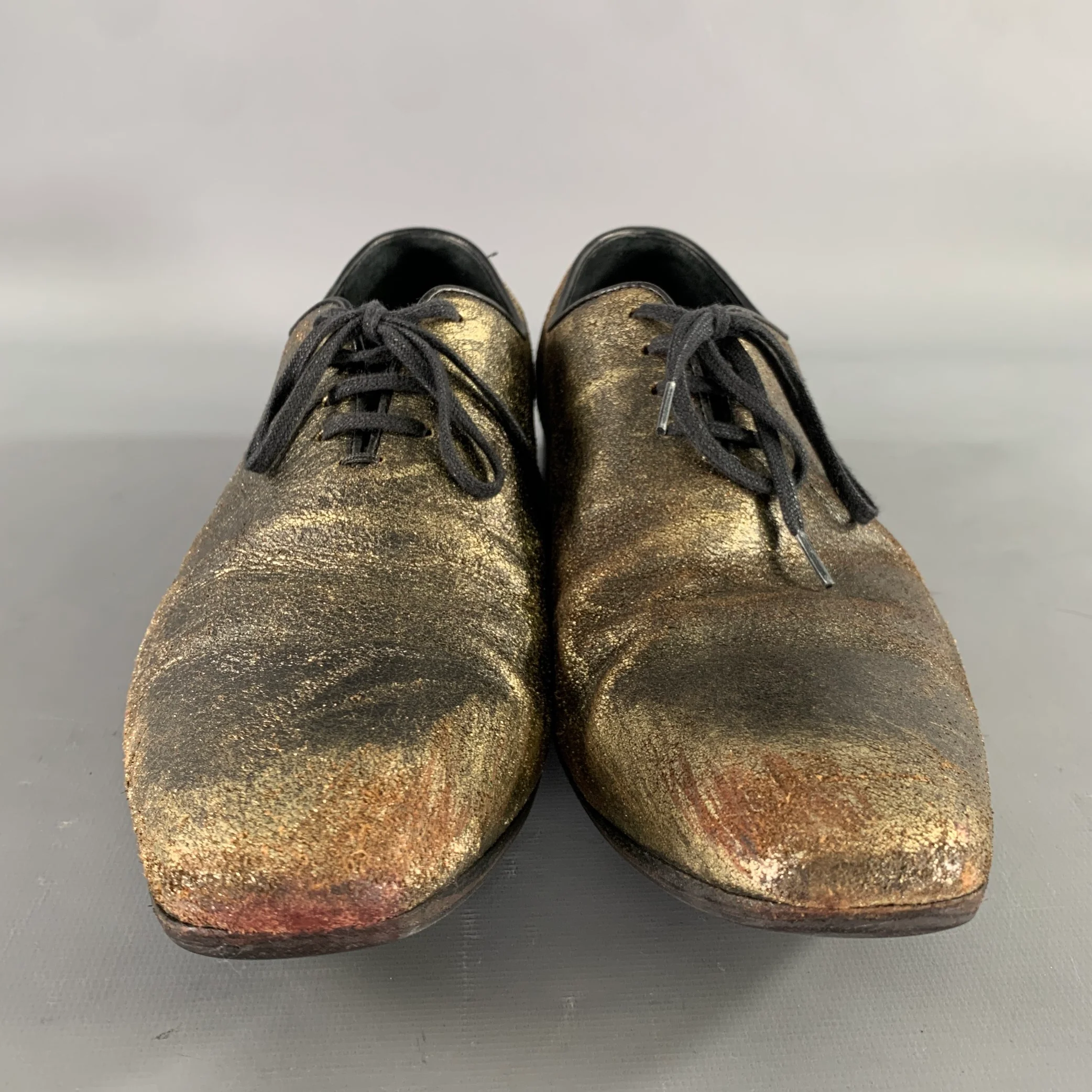 HAIDER ACKERMANN Size 8 Gold Black Metallic Leather Lace Up Shoes - Image 4