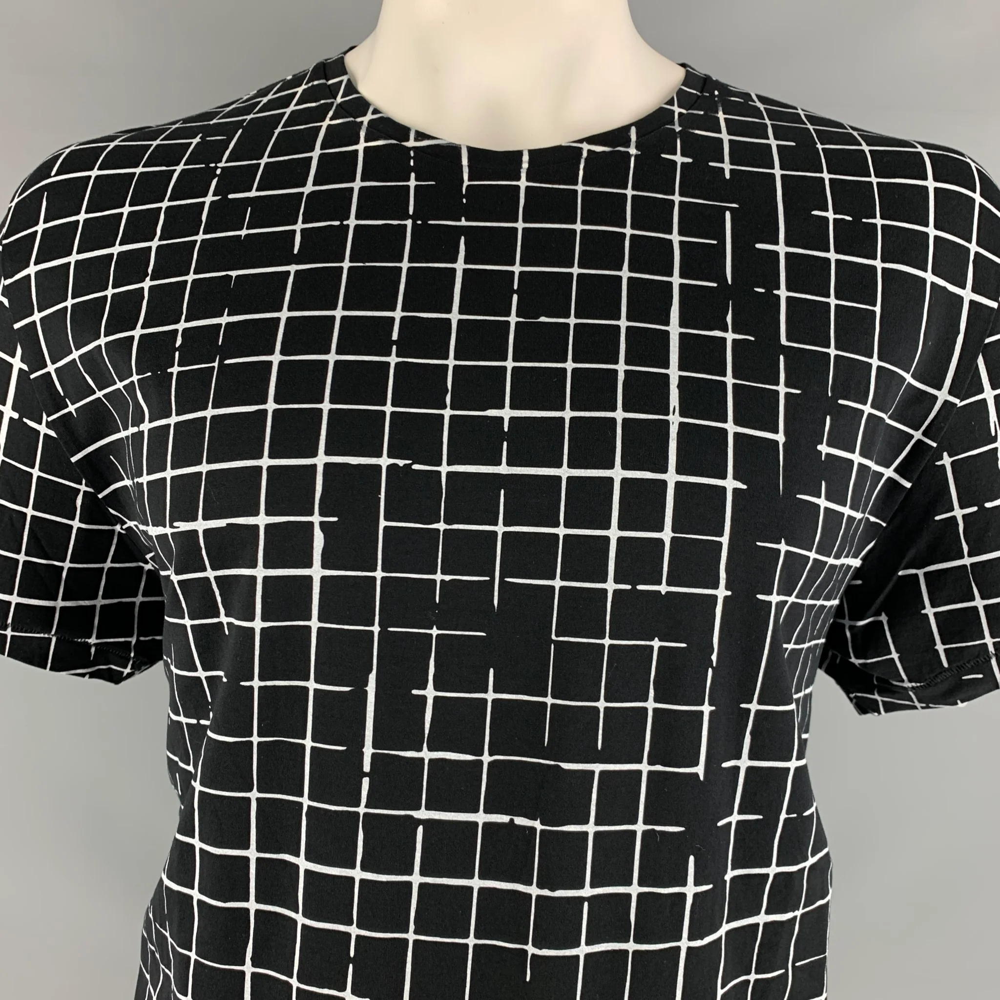 HAIDER ACKERMANN Size L Black White Window Pane Cotton Crew Neck T-shirt - Image 2