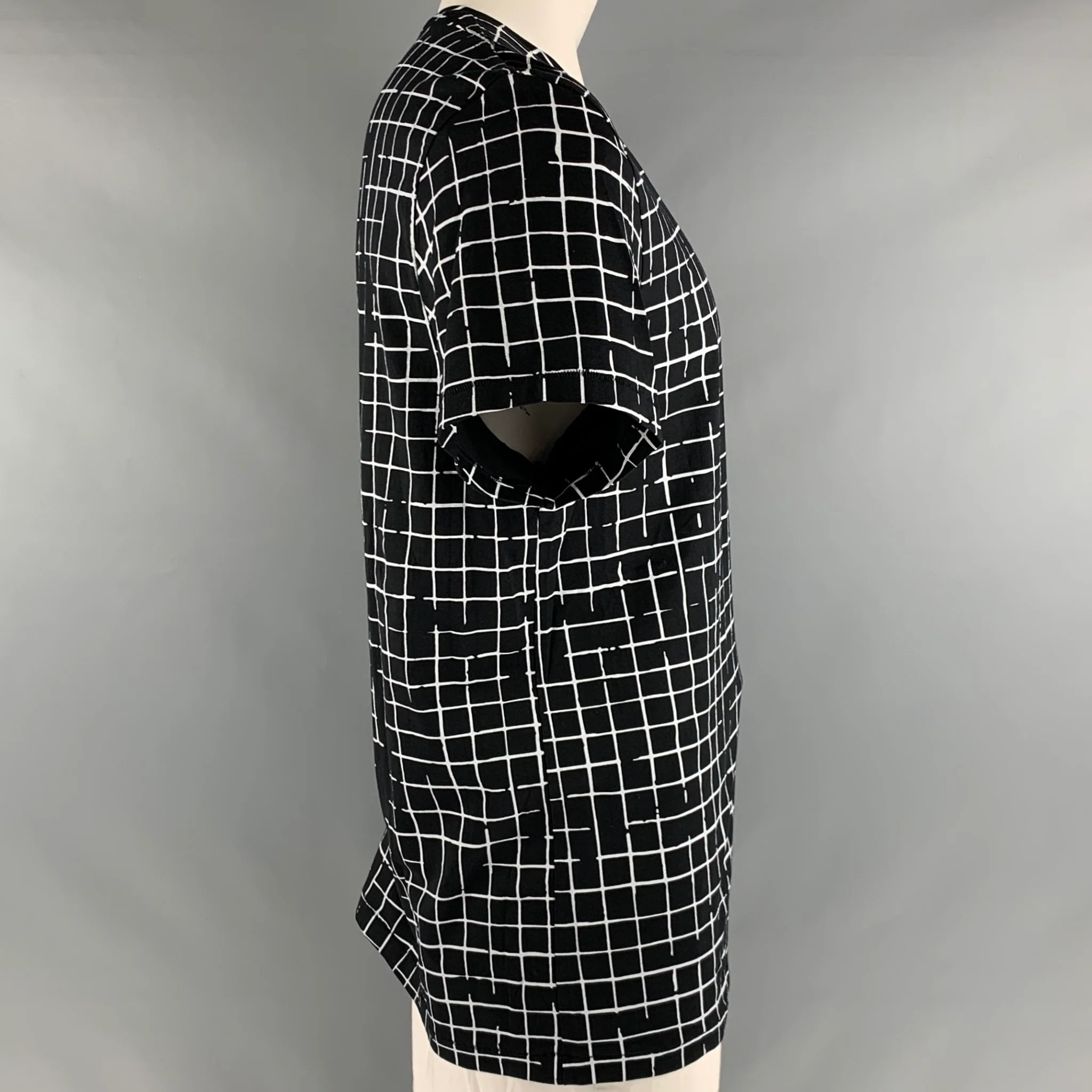 HAIDER ACKERMANN Size L Black White Window Pane Cotton Crew Neck T-shirt - Image 3
